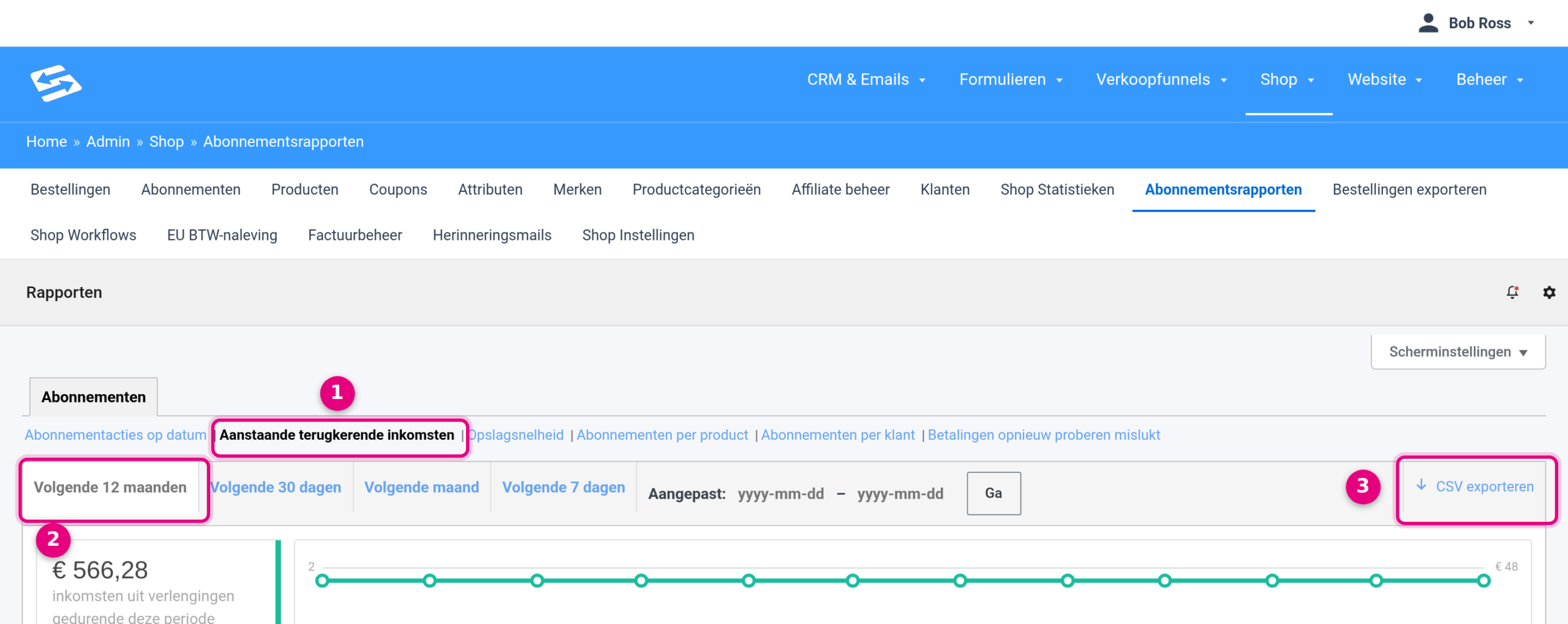 Het rapport Aanstaande terugkerende inkomsten met de periodekeuze Volgende 12 maanden en de knop CSV exporteren