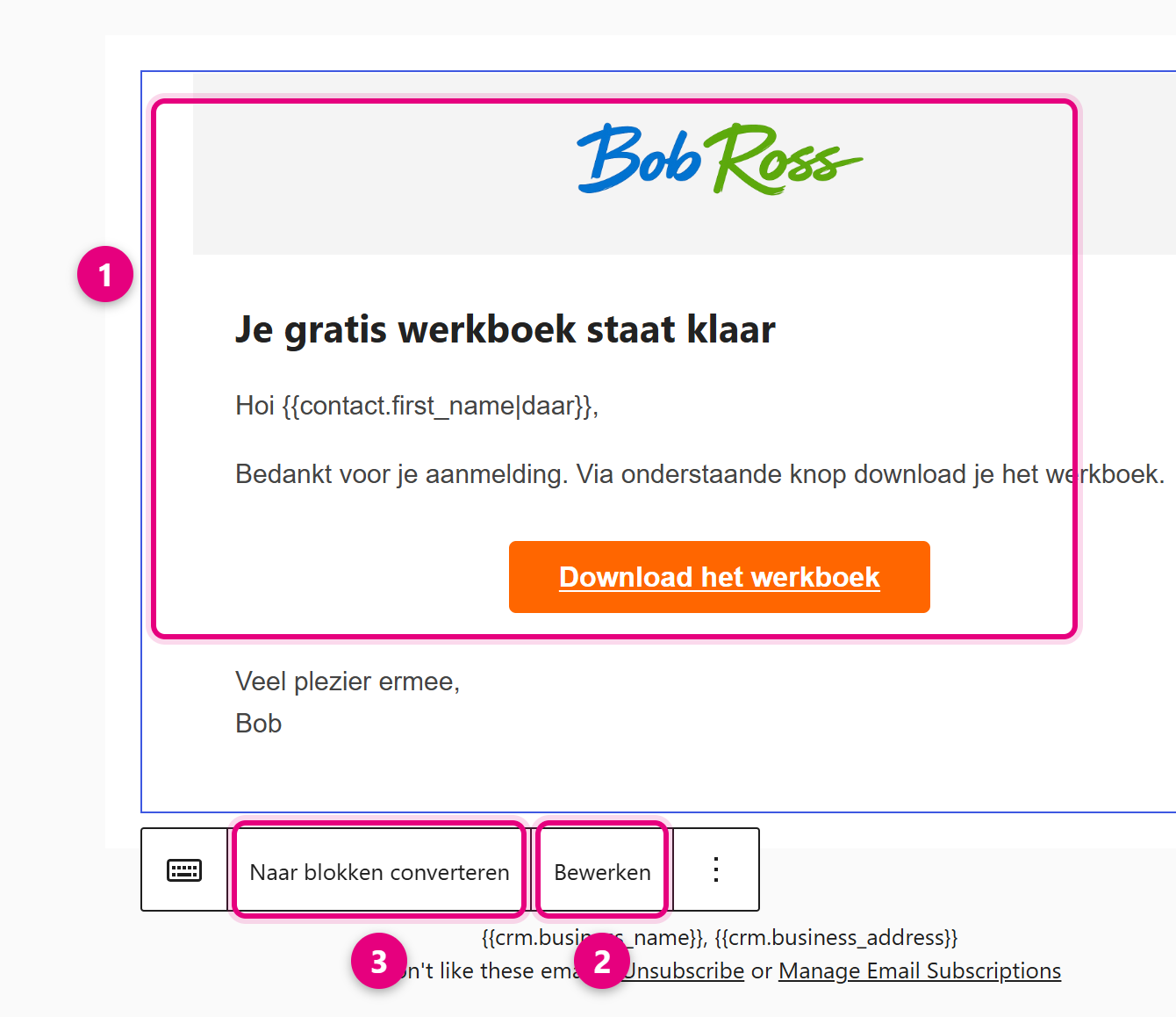 Een gemigreerde HTML-e-mail met de werkbalk waarin Naar blokken converteren en Bewerken staan
