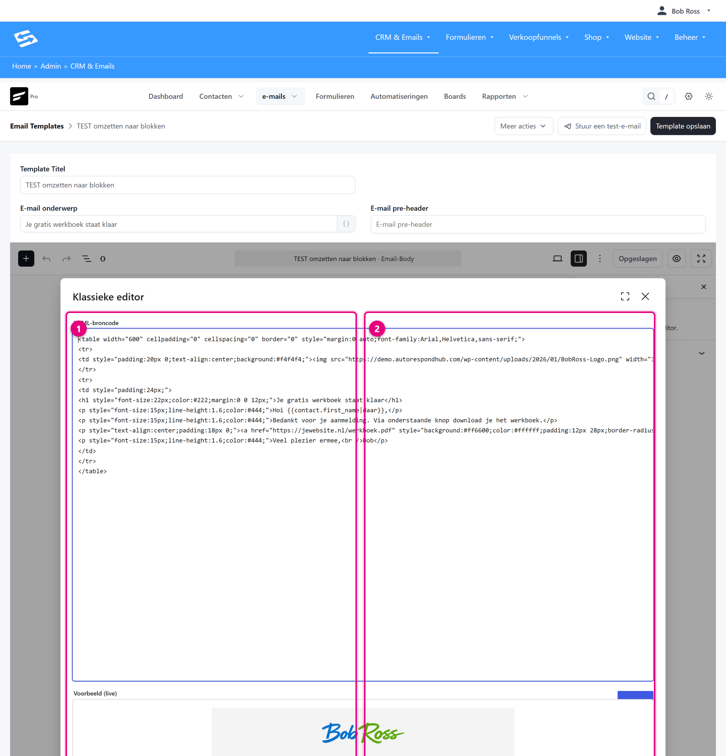 Het bewerkvenster van een HTML-e-mail met links de code en rechts een voorbeeldweergave