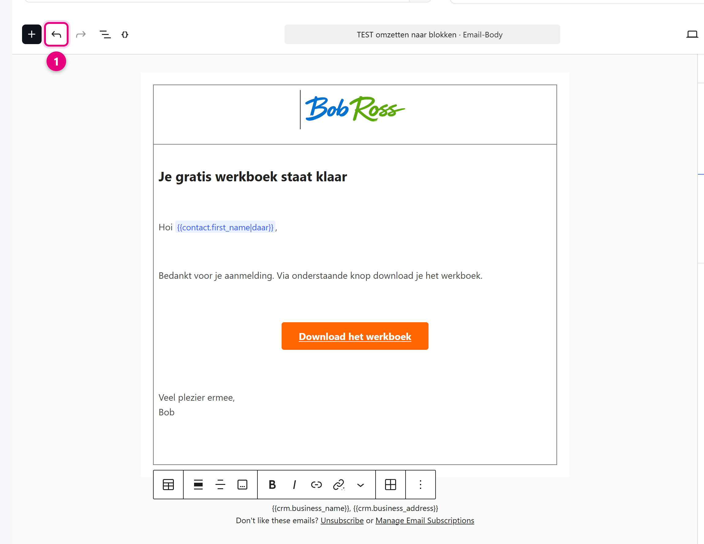 Dezelfde e-mail na het omzetten naar blokken, met zichtbaar veranderde opmaak