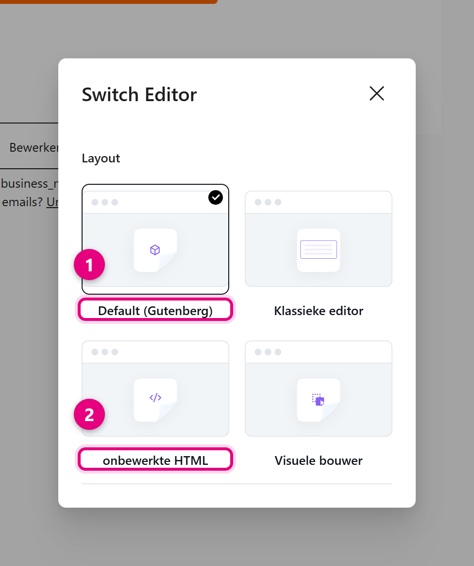 Het venster Switch Editor met de vier beschikbare editors en een vinkje bij de huidige keuze