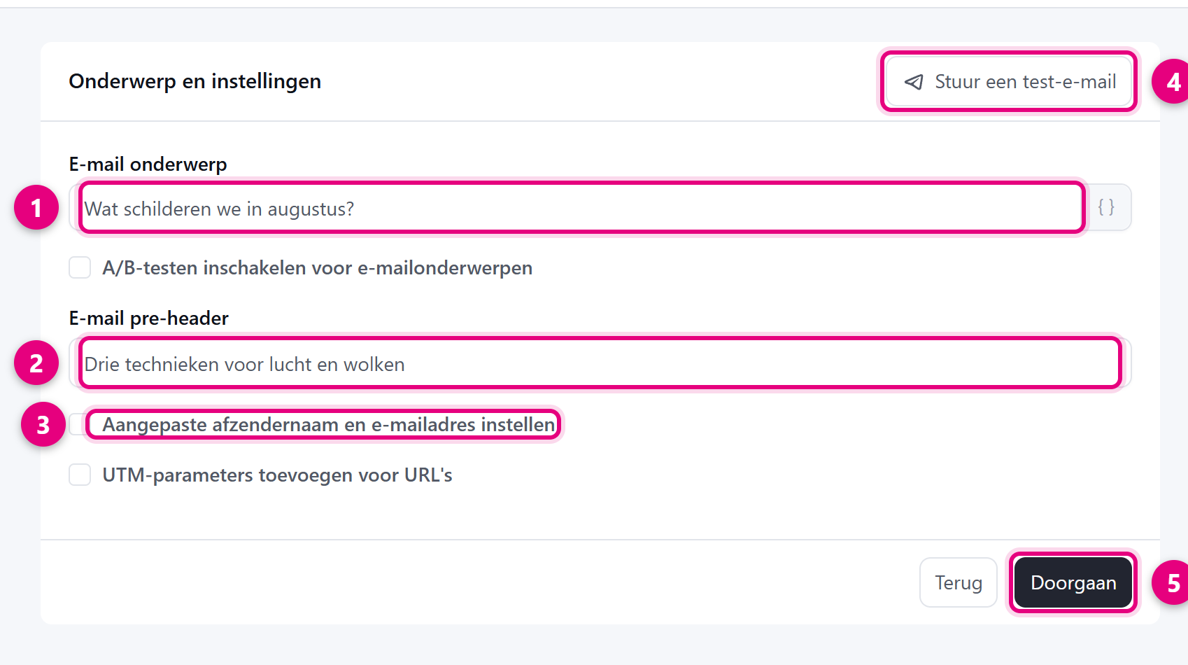 Stap Onderwerp en instellingen met velden voor onderwerp, pre-header en afzender