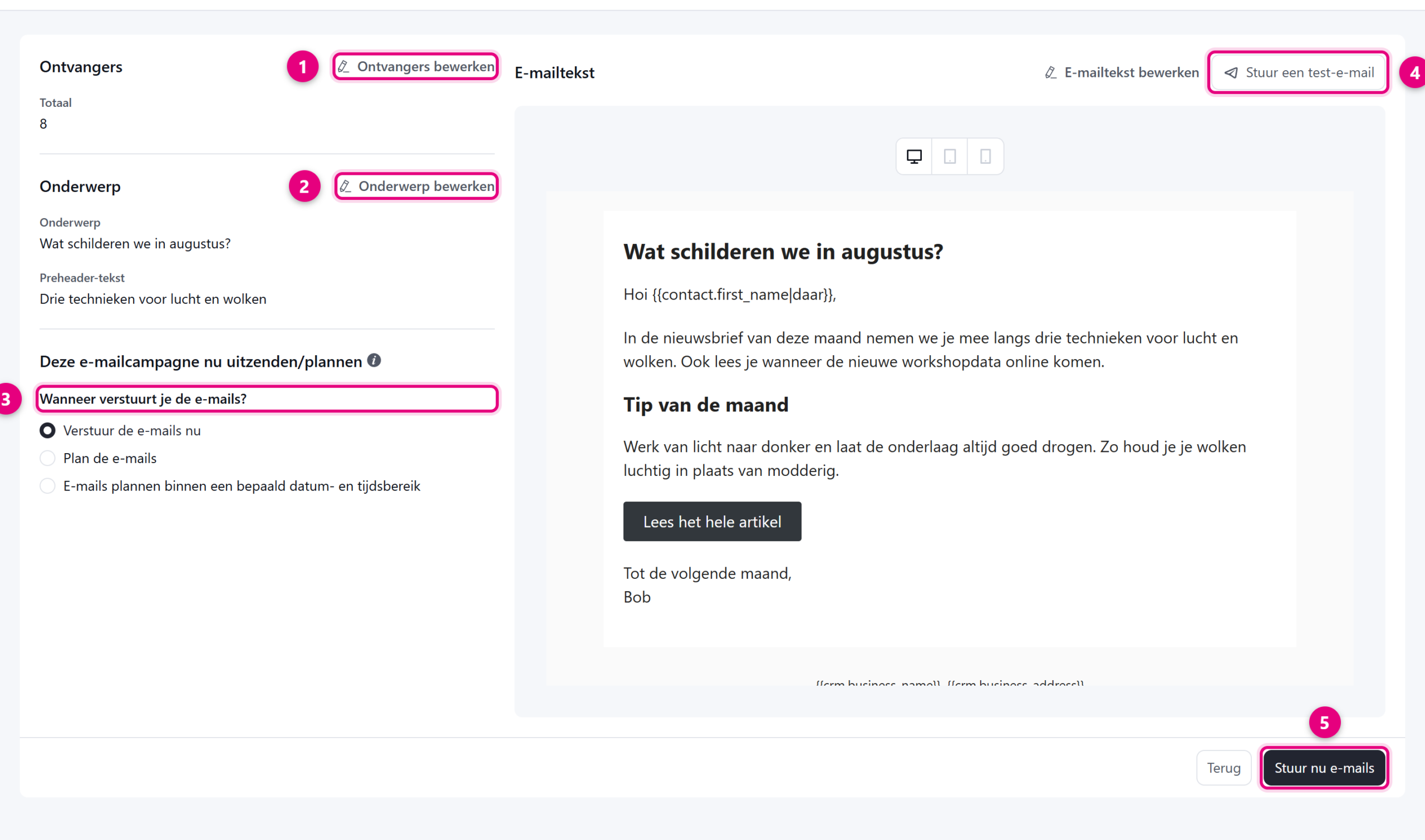 De laatste stap met de controle van ontvangers, onderwerp, verzendmoment en de verzendknop