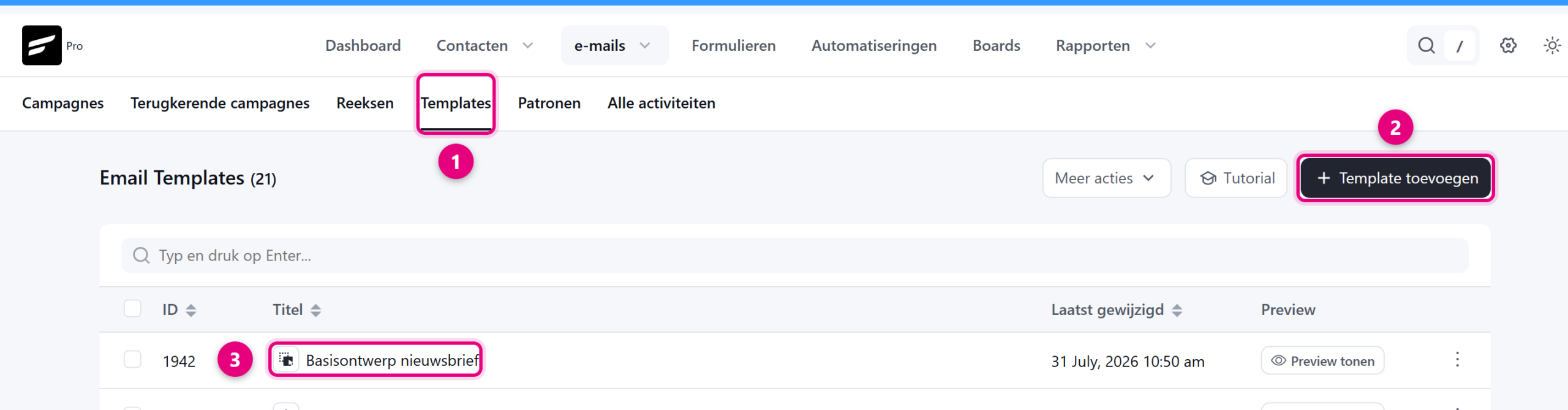 Het overzicht met e-mailtemplates in Autorespond, met de knop Template toevoegen