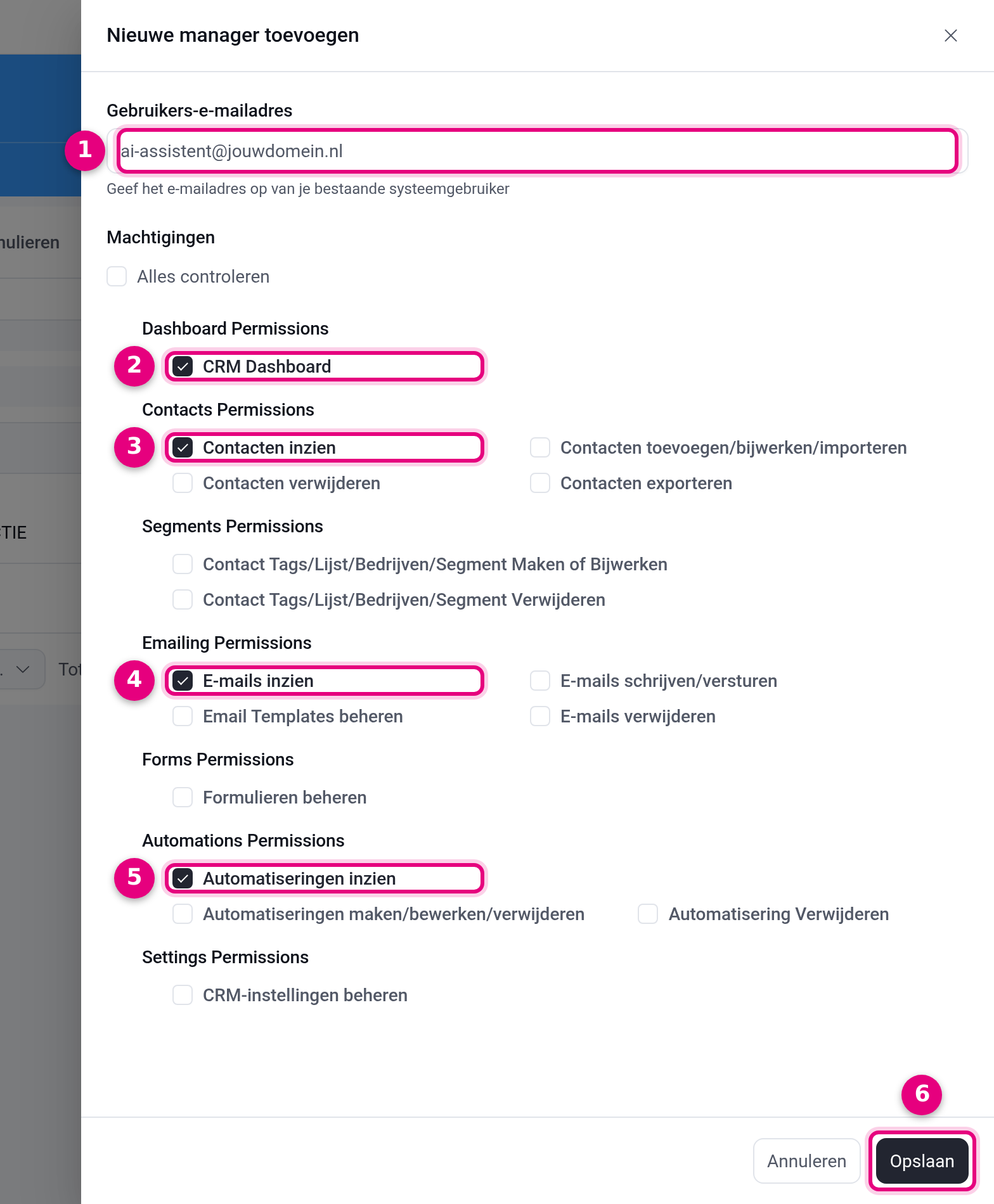CRM-manager toevoegen met alleen-lezen rechten voor de AI-assistent