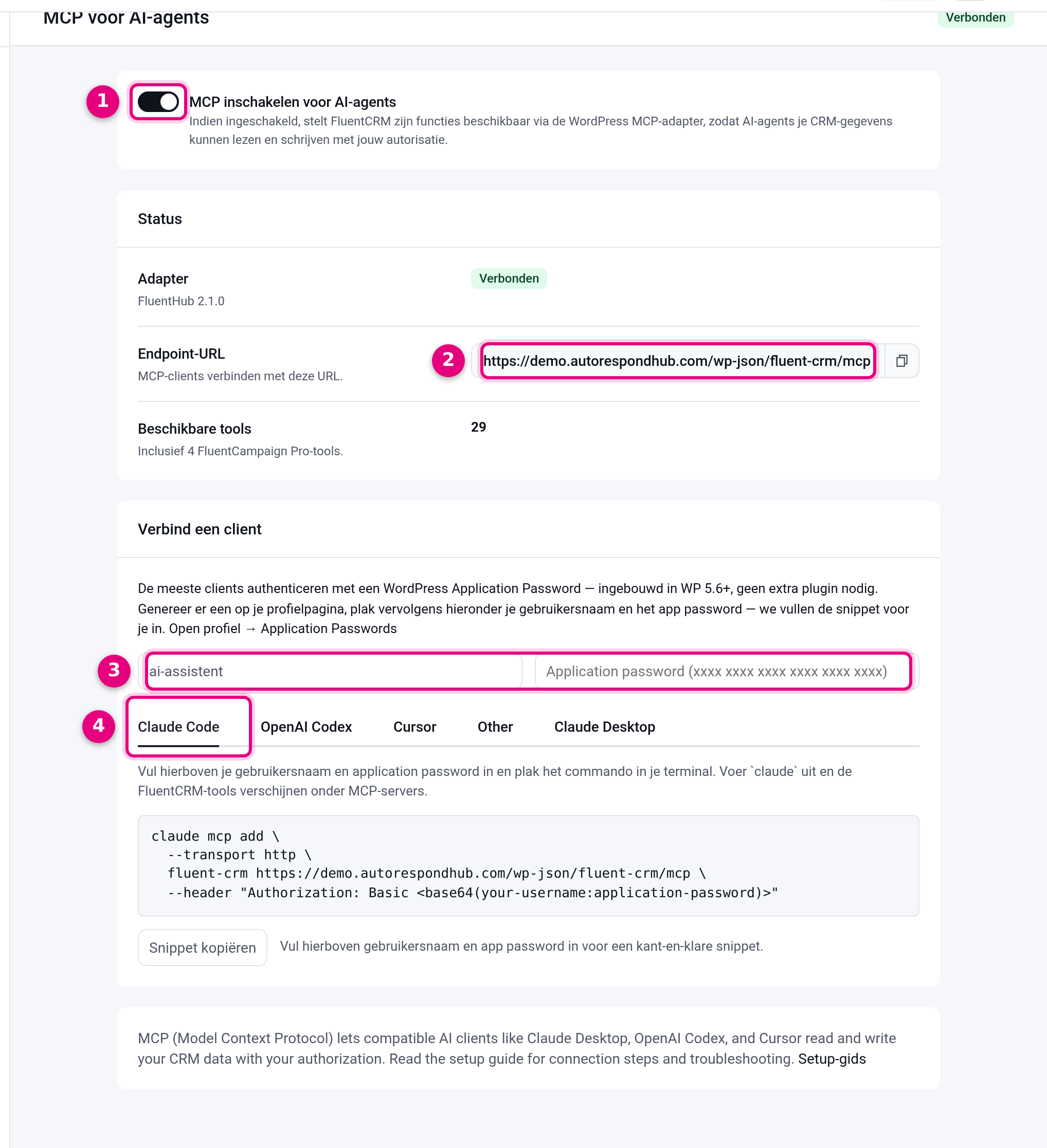 De pagina MCP voor AI-agents met schakelaar, endpoint-URL en clientkeuze