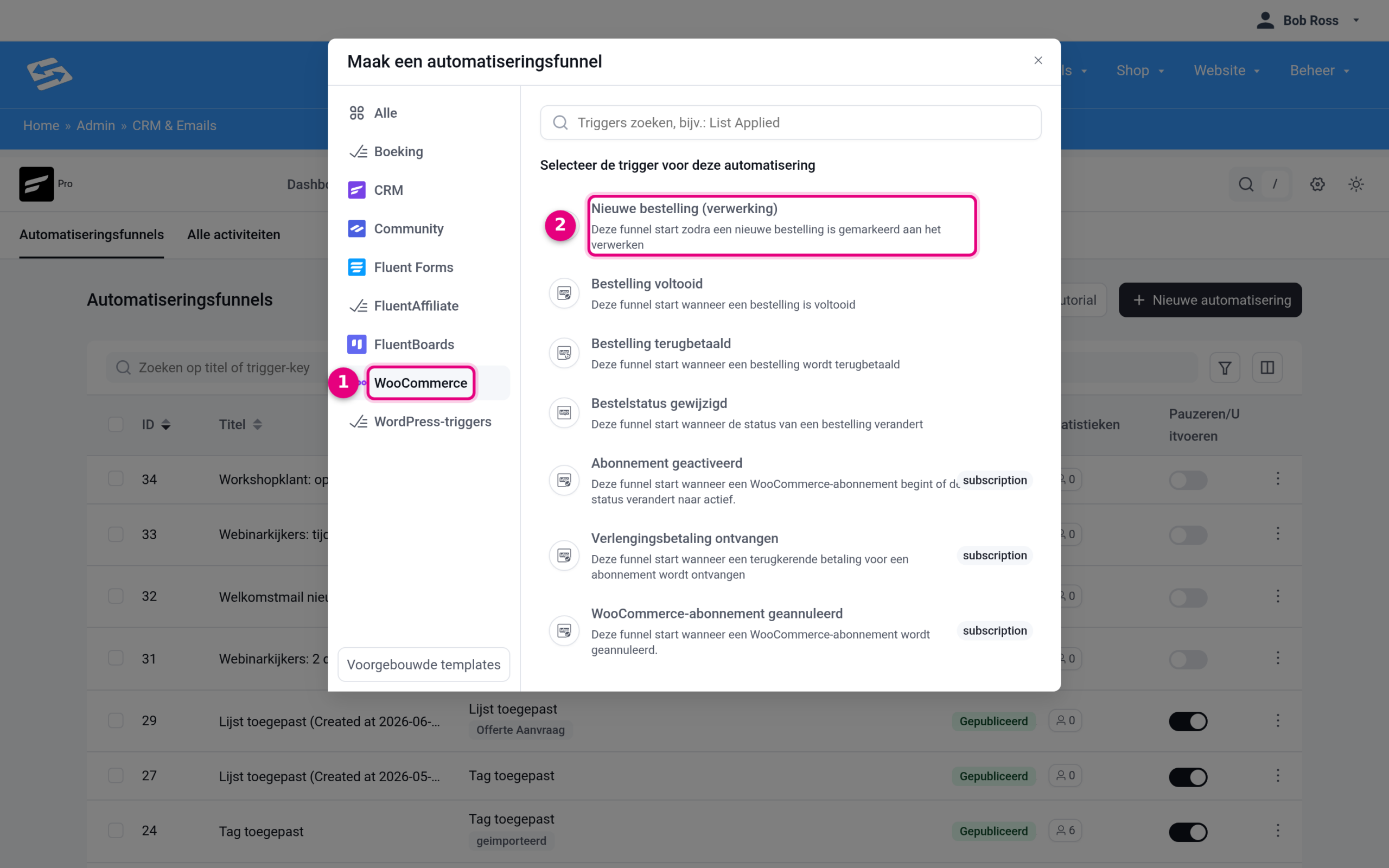 Triggerkeuze met categorie WooCommerce en trigger Nieuwe bestelling (verwerking)