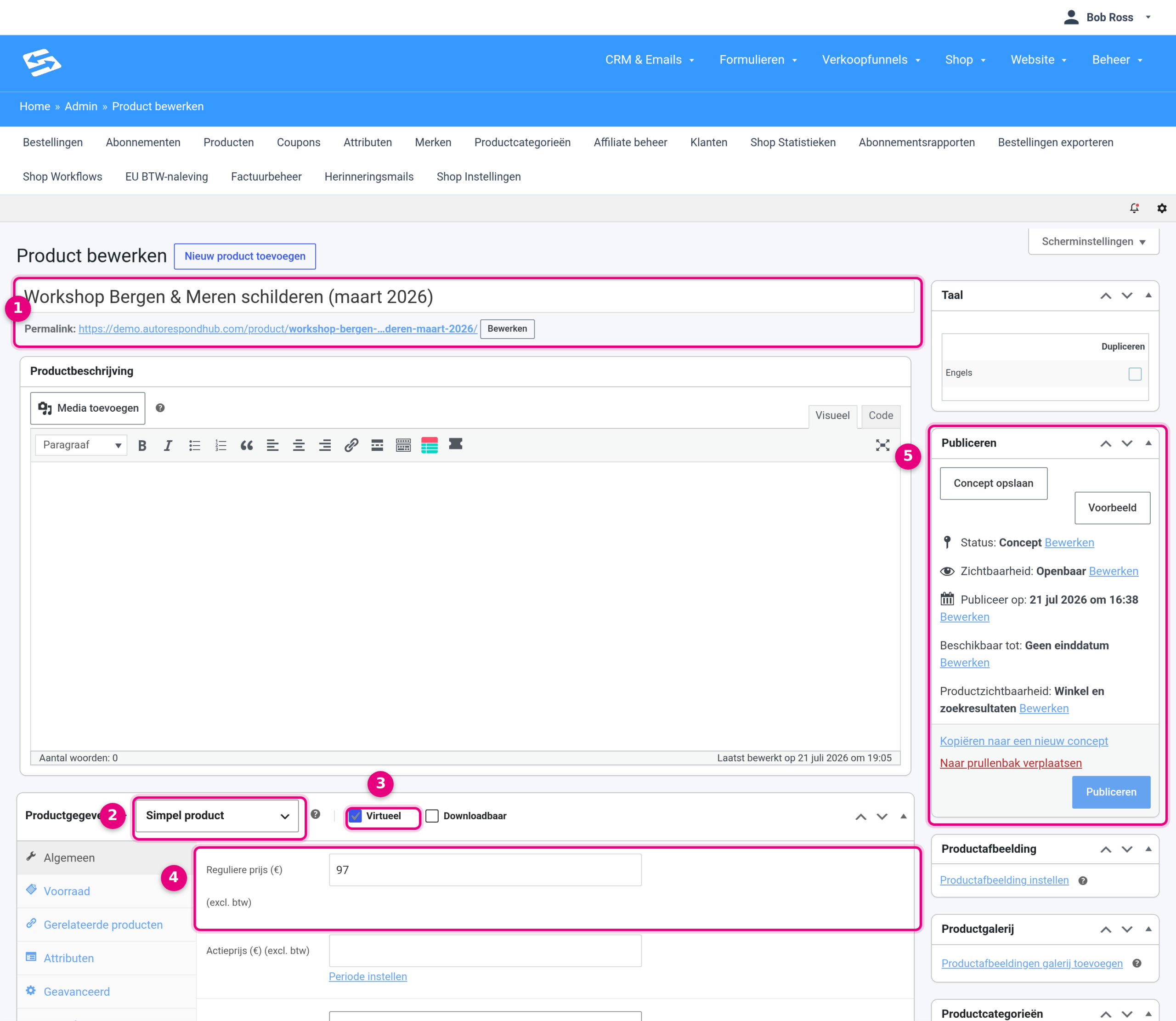 Productscherm met productnaam, producttype, Virtueel aangevinkt, prijs en publiceren-vak