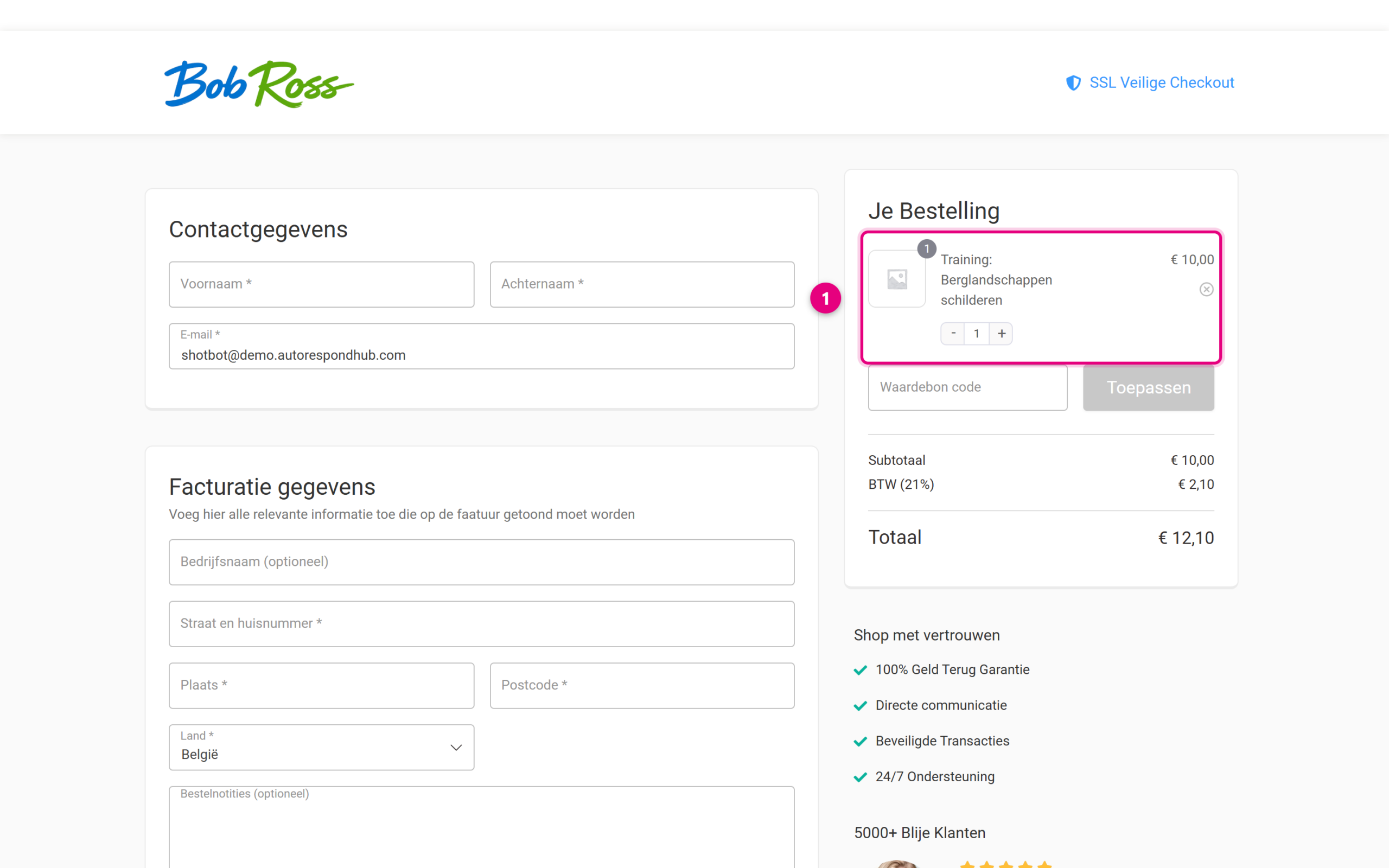 De winkelcheckout met het product uit de bestellink ingeladen
