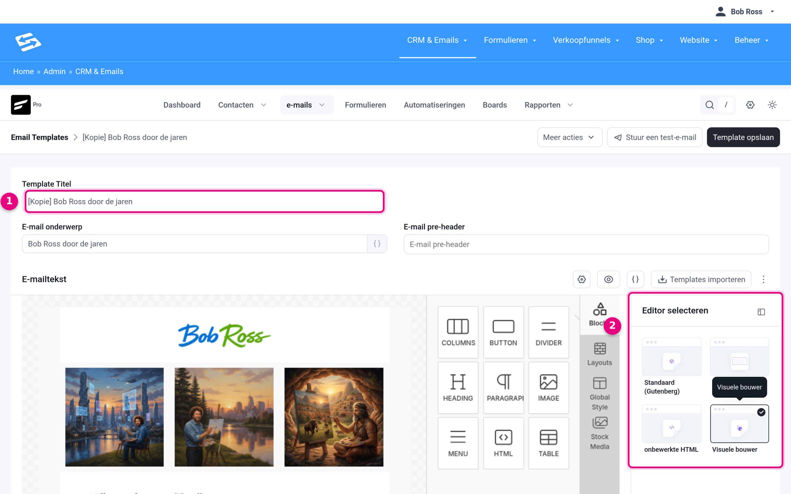 De kopie van een visueel template geopend in de Visuele bouwer, met [Kopie] voor de titel en rechts het paneel Editor selecteren met Visuele bouwer geselecteerd