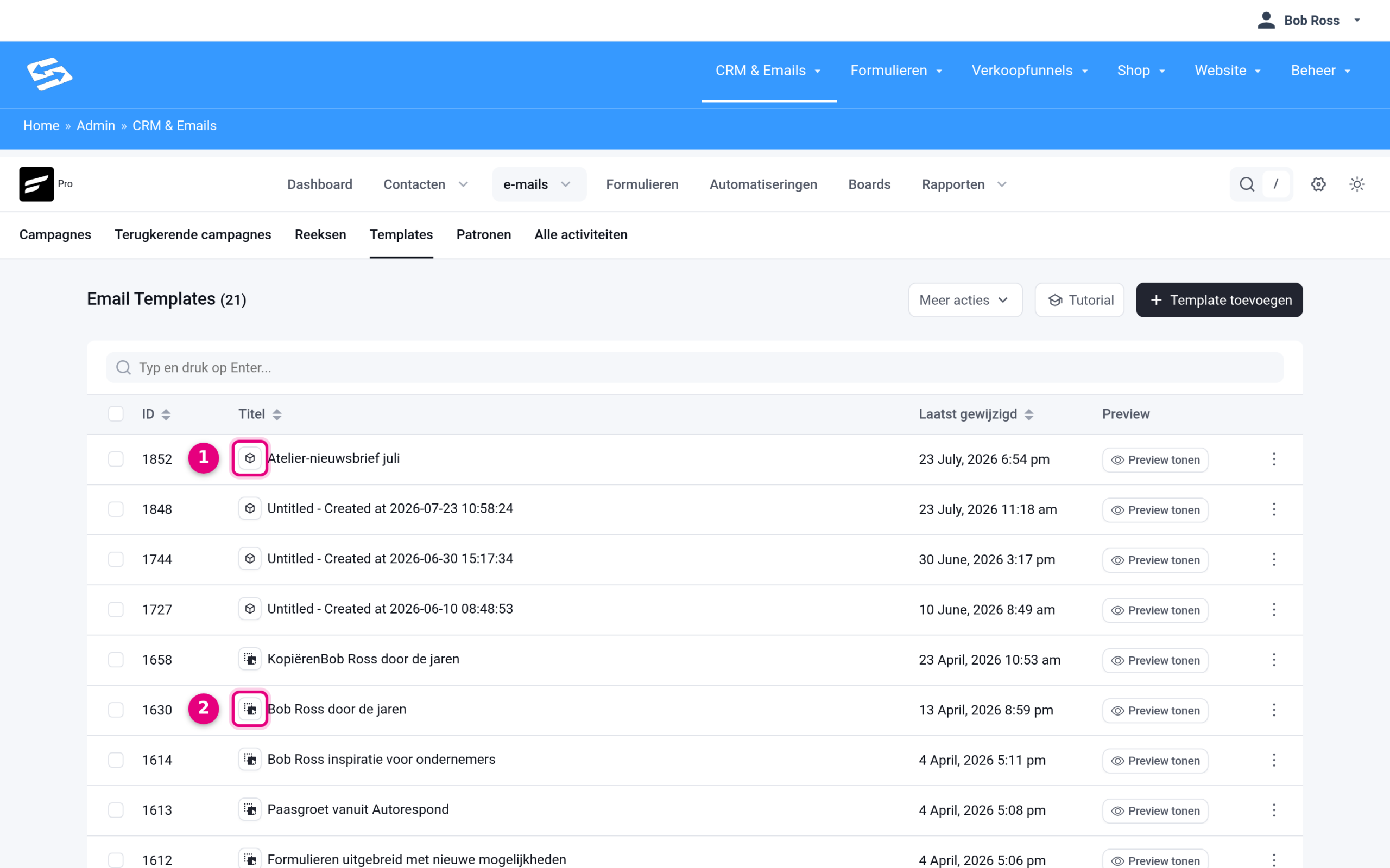 Het templates-overzicht met per template een type-icoontje voor de titel: een kubusje voor blok-editor-templates en een verfroller voor visuele templates