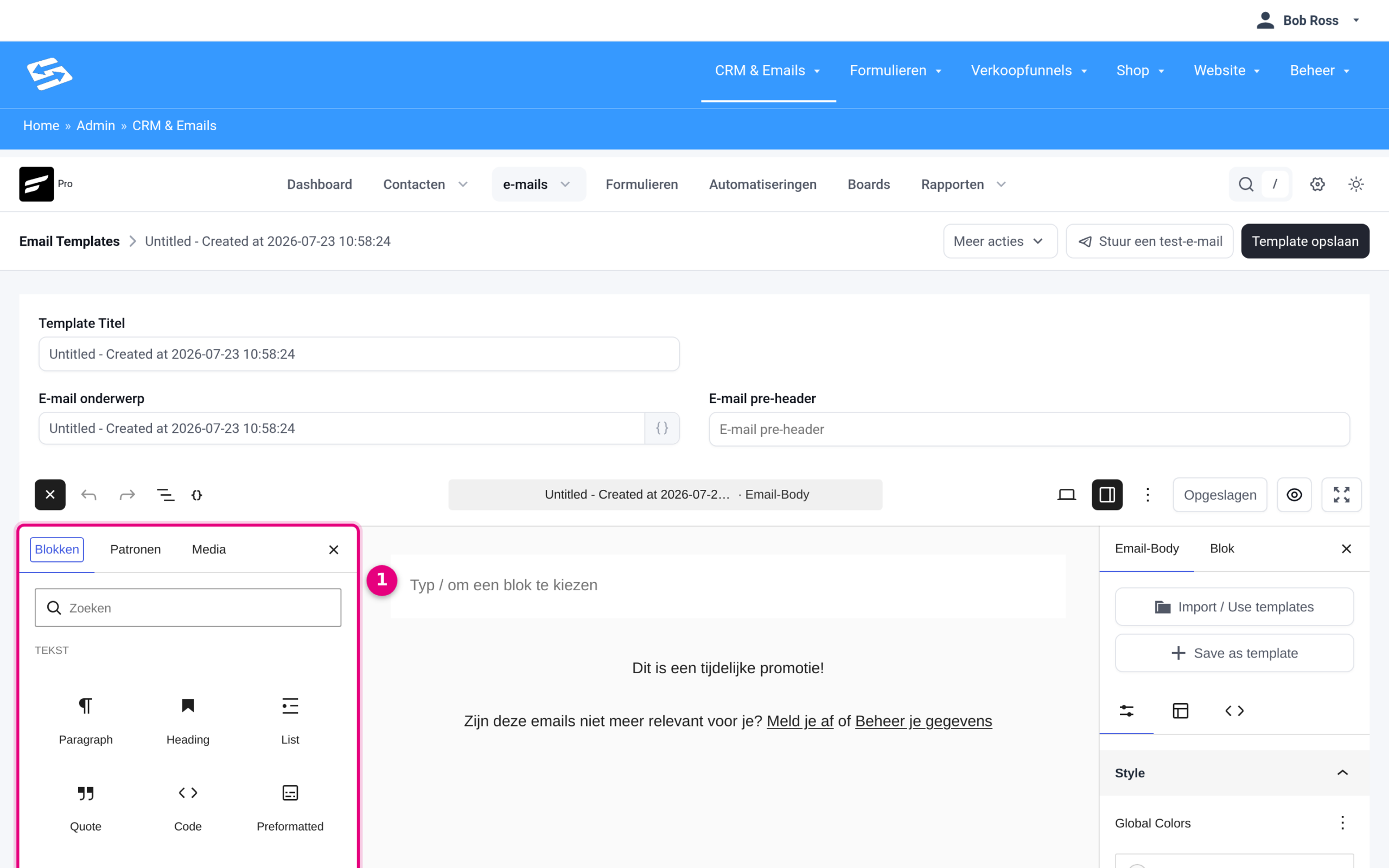Het blokkenpaneel van de e-mailtemplate editor met de tabs Blokken, Patronen en Media