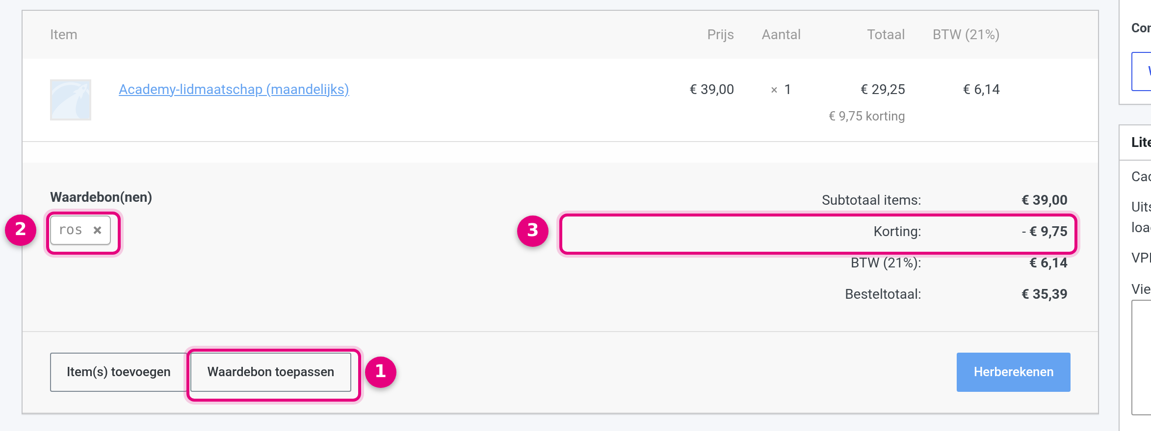 Coupon toegepast op een lopend abonnement