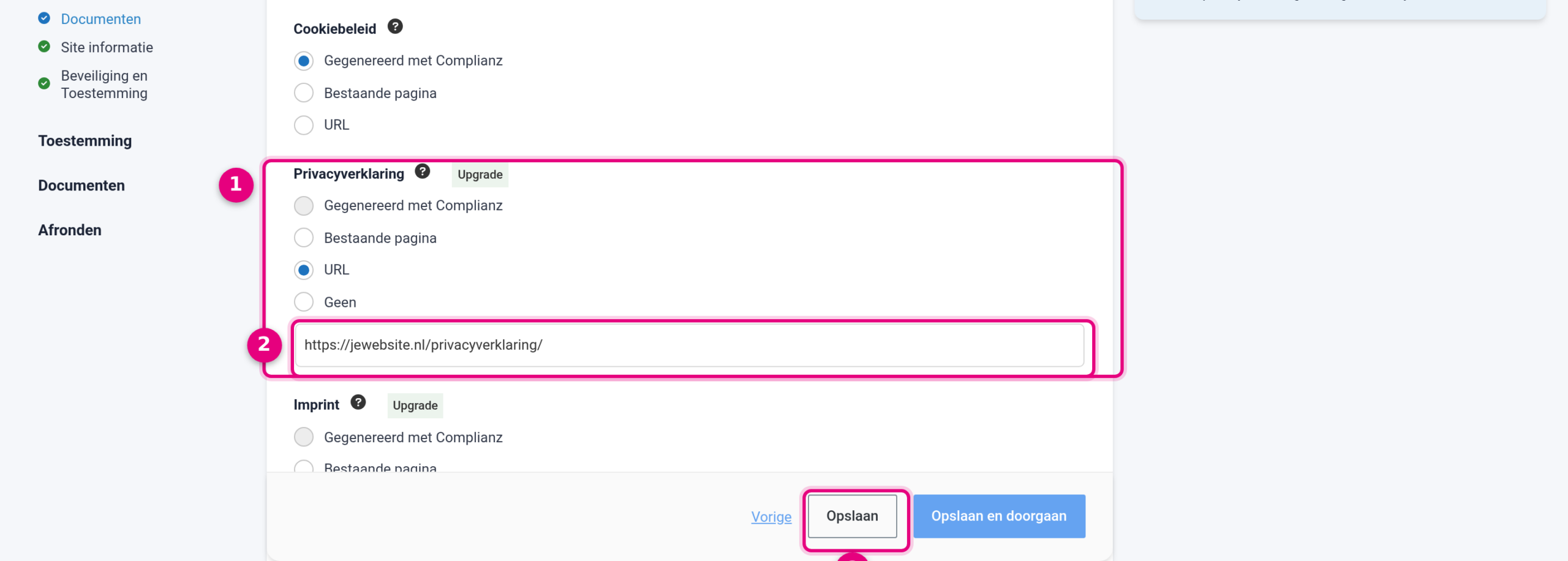 Documenten-instelling van de cookiebanner met de optie URL geselecteerd