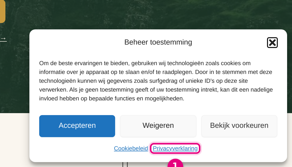 Cookiebanner op de site met de link Privacyverklaring