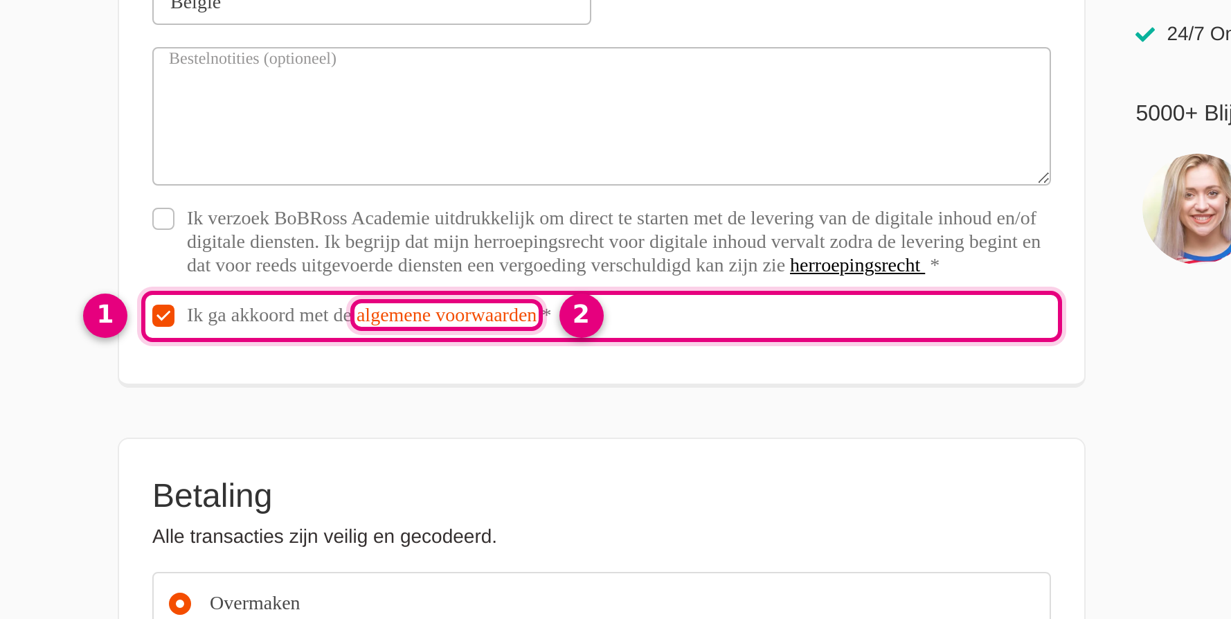 Checkout met een verplicht akkoord-vinkje en een link naar de algemene voorwaarden