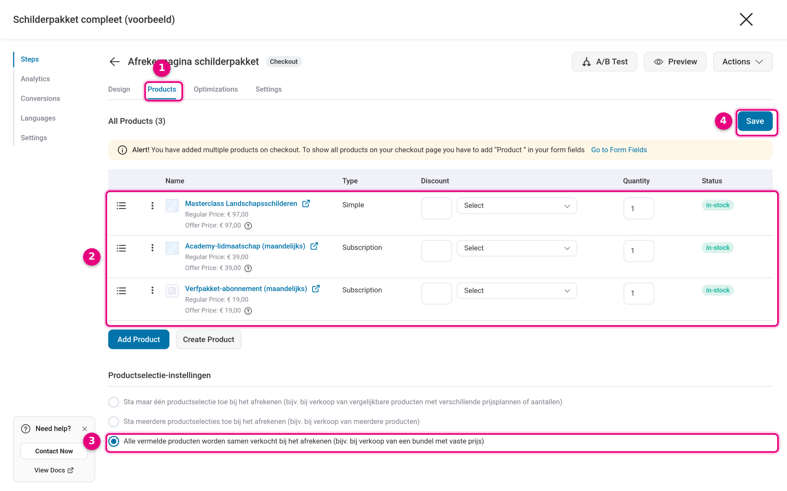 Products-tab van de checkout-stap met drie producten en de productselectie-instelling