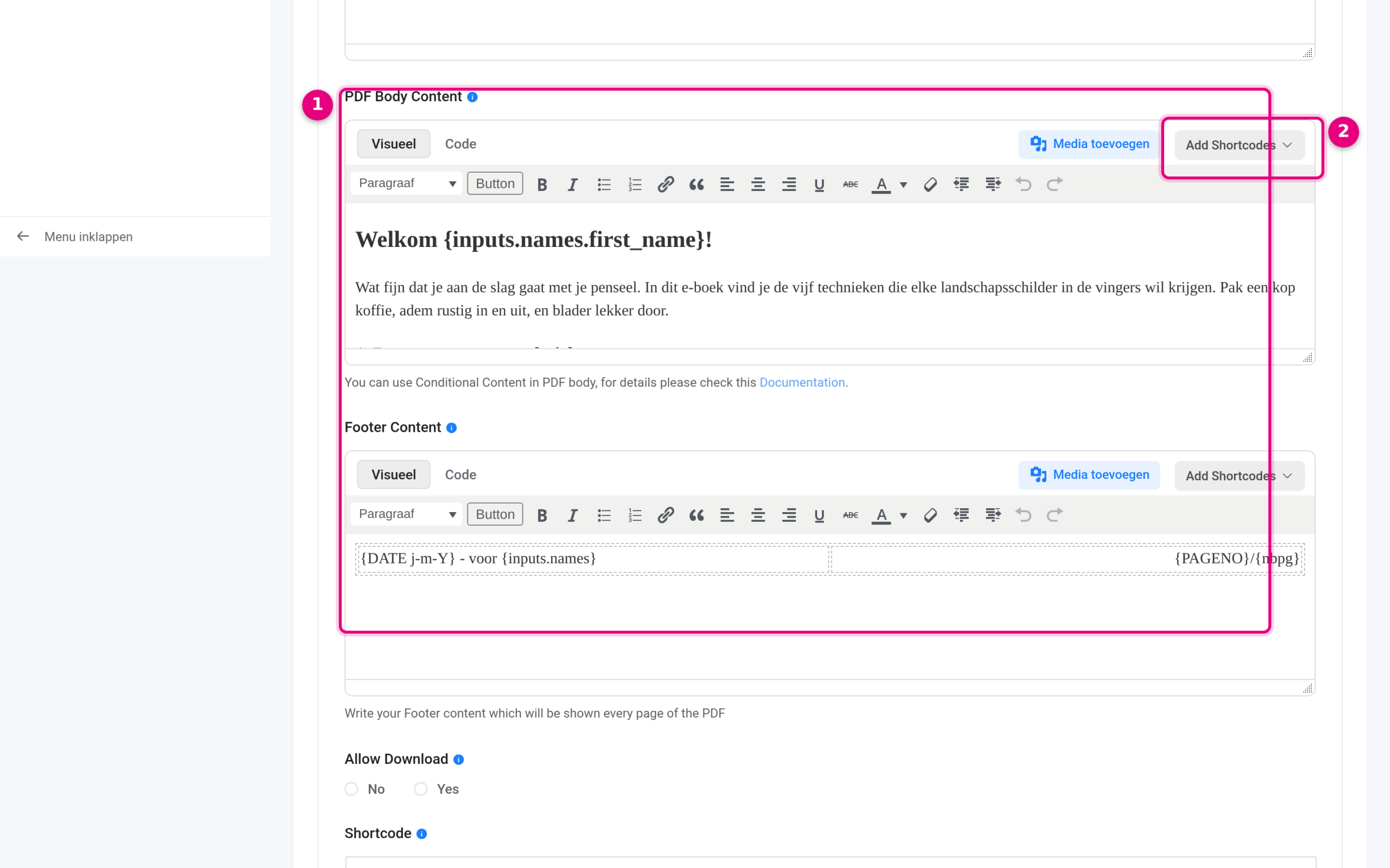 PDF Body Content met shortcodes