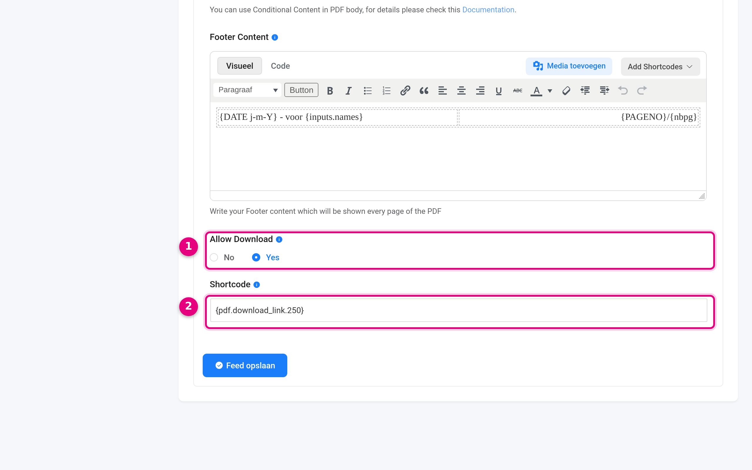 Allow Download en de shortcode van de PDF feed