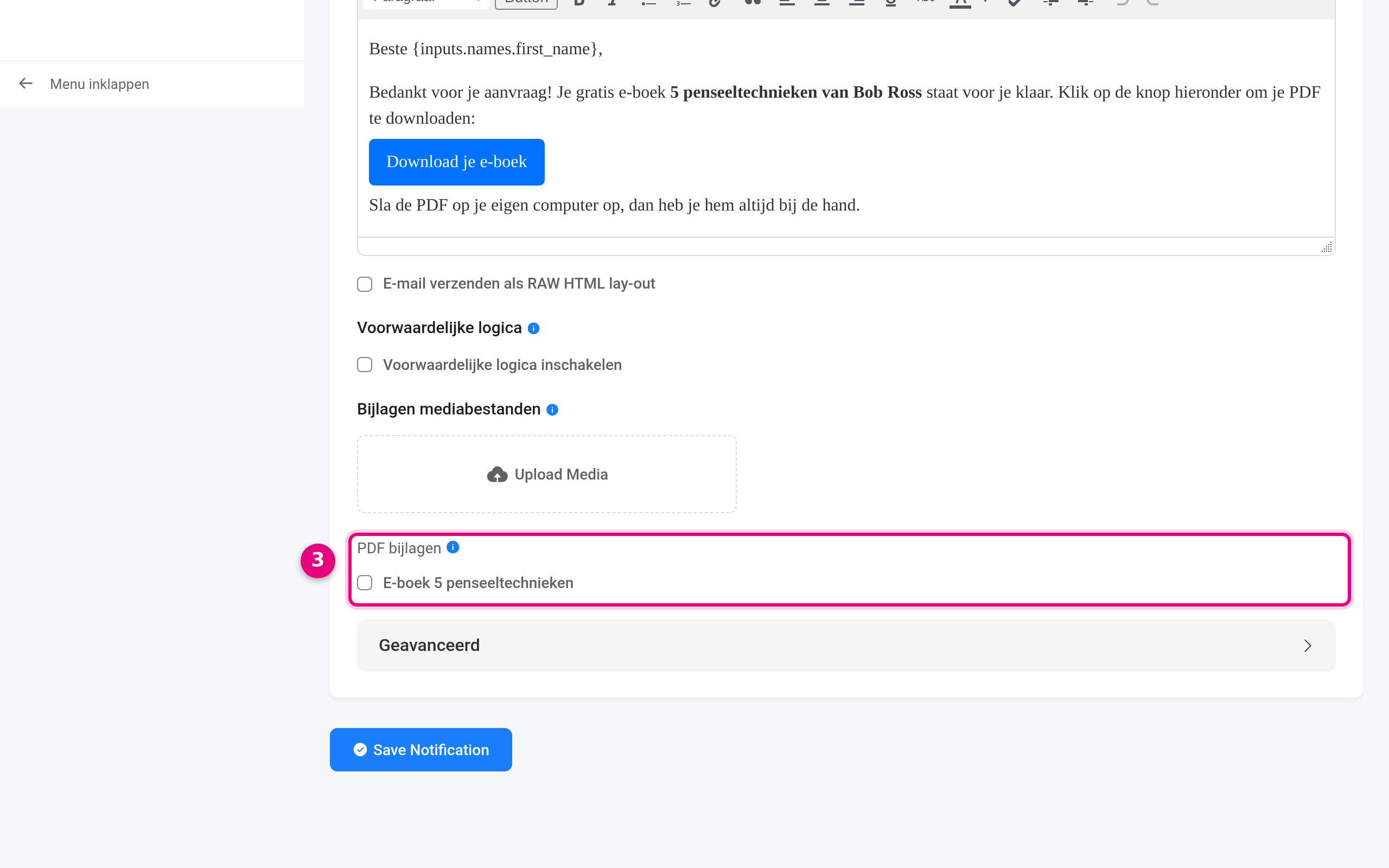 PDF bijlagen optie in de e-mailmelding