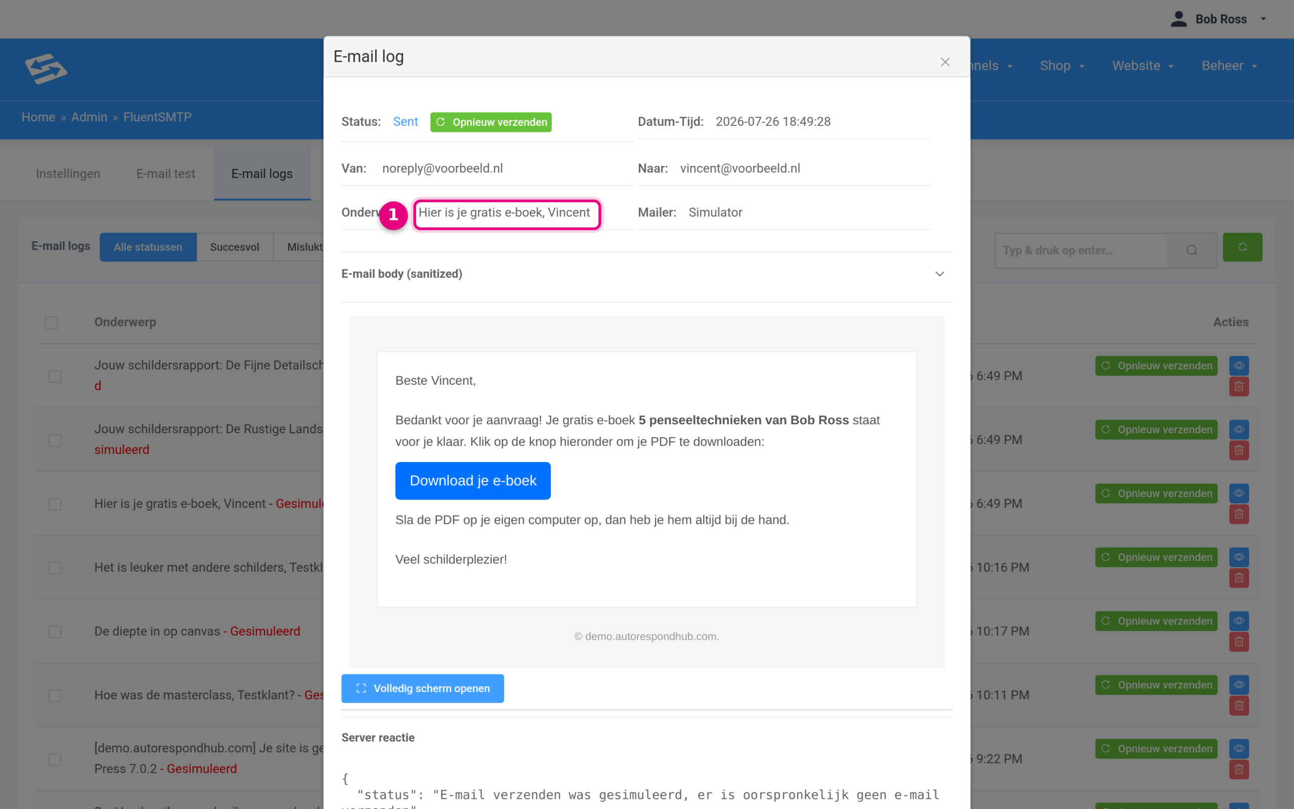 E-maillog met de bevestigingsmail en downloadknop