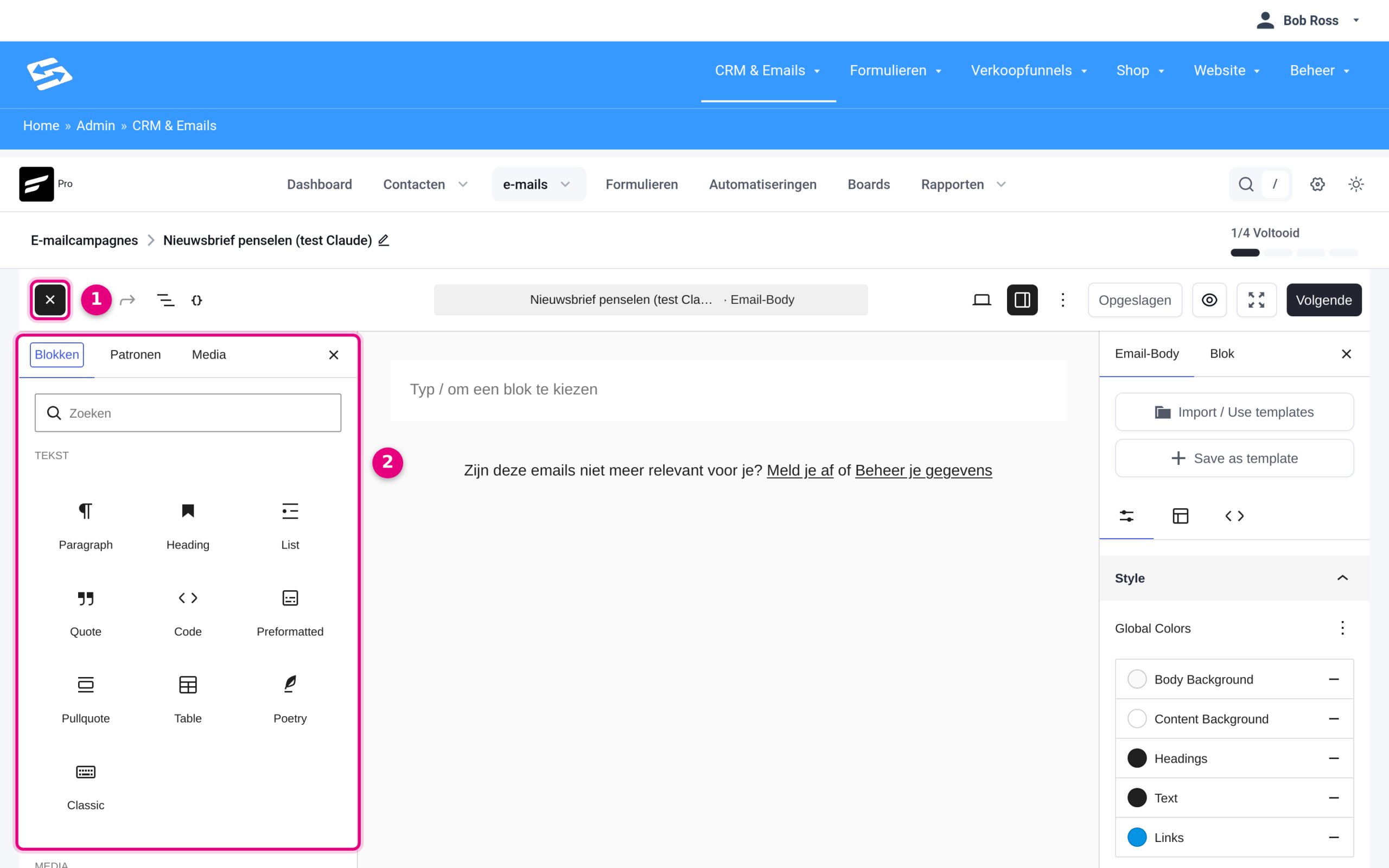 De standaard blok-editor met het blokkenpaneel geopend via het plus-icoontje linksboven