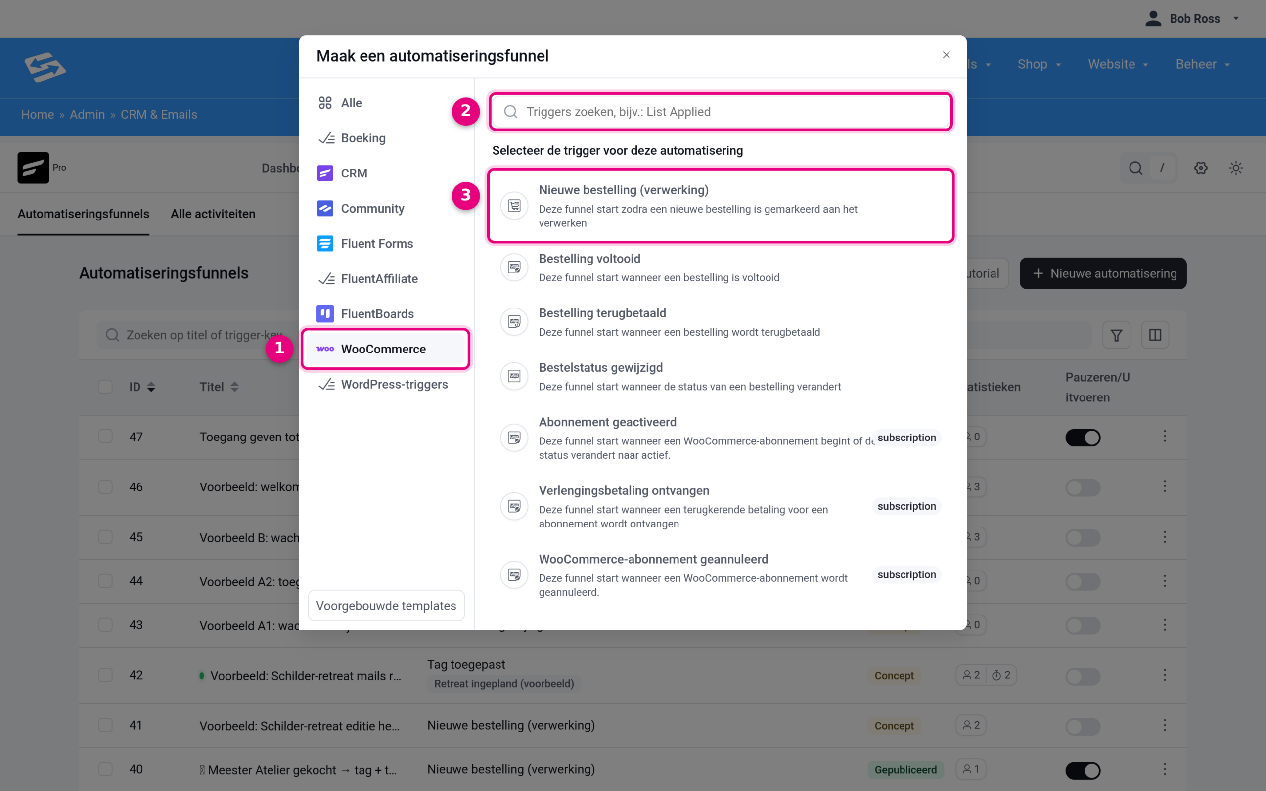 De triggerkiezer met de categorie WooCommerce en de trigger Nieuwe bestelling (verwerking)