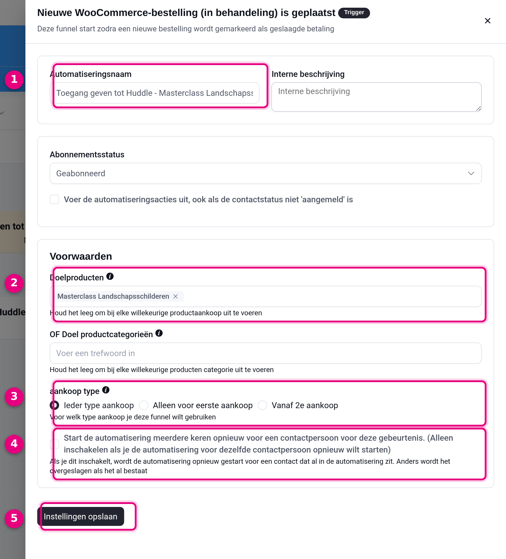 De triggerinstellingen met de automatiseringsnaam, het doelproduct, het aankooptype en het vinkje om de automatisering opnieuw te starten