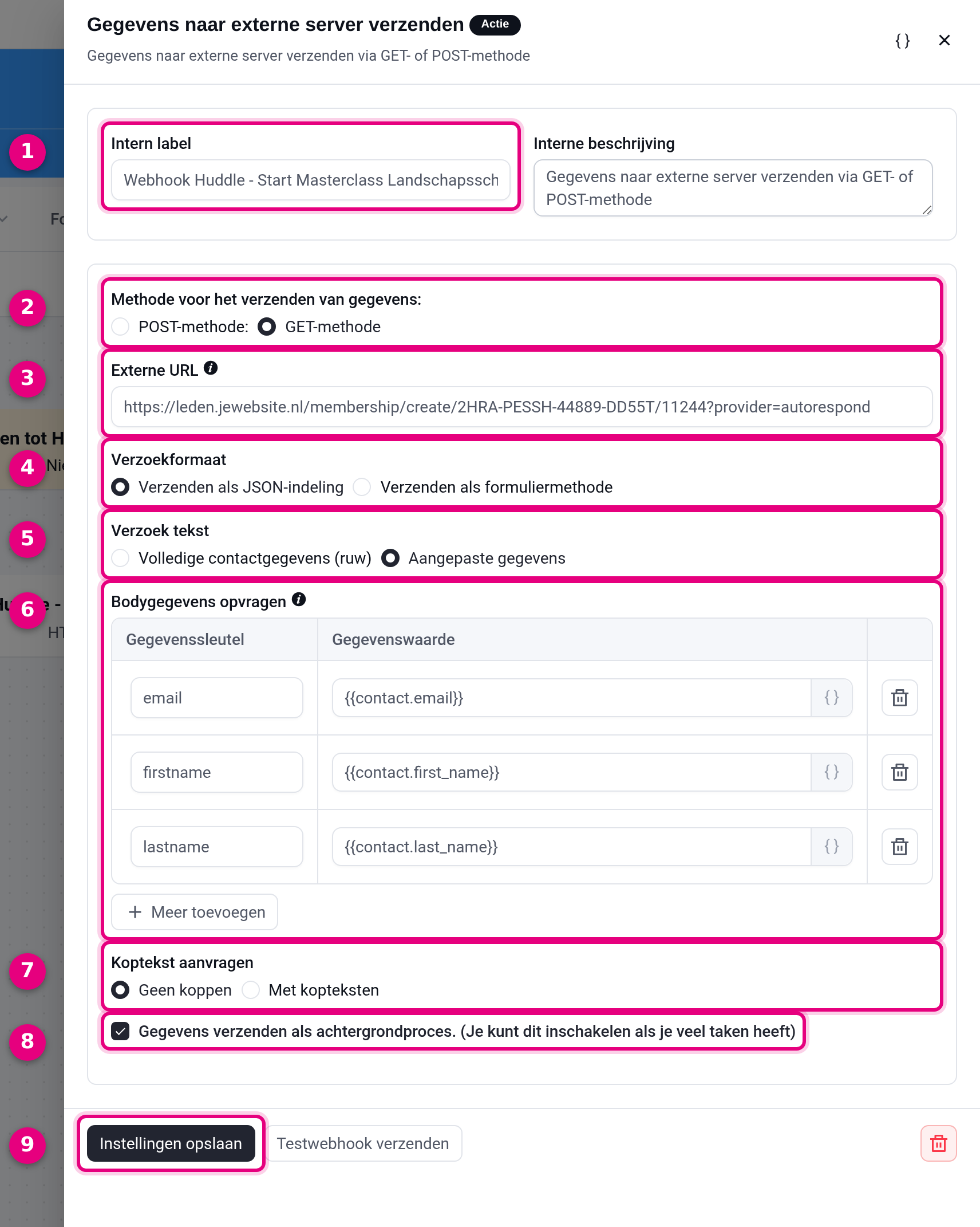 Het ingevulde instellingenscherm van de uitgaande webhook naar Huddle