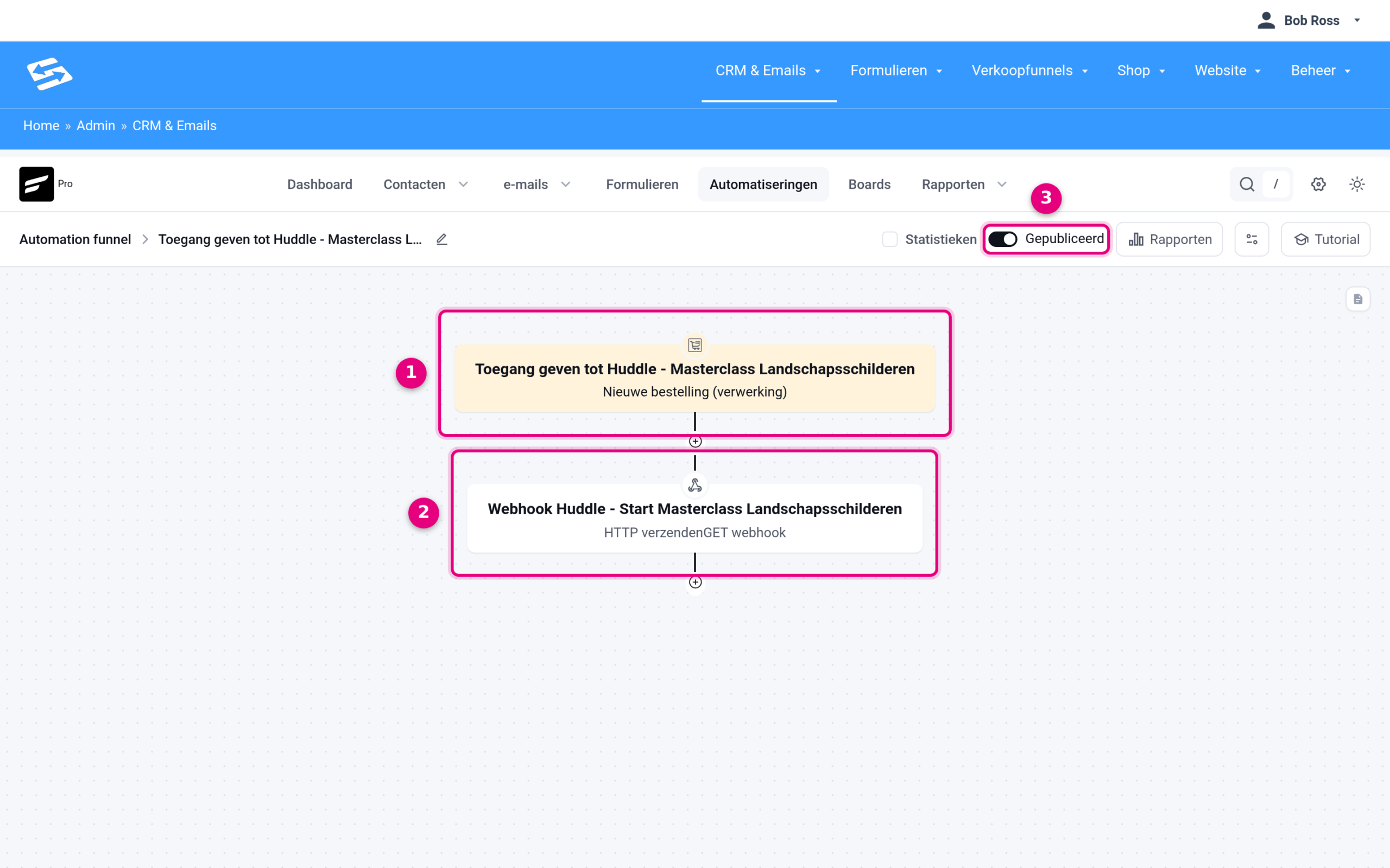 De afgeronde automatisering met de trigger, de webhook-actie en de status Gepubliceerd
