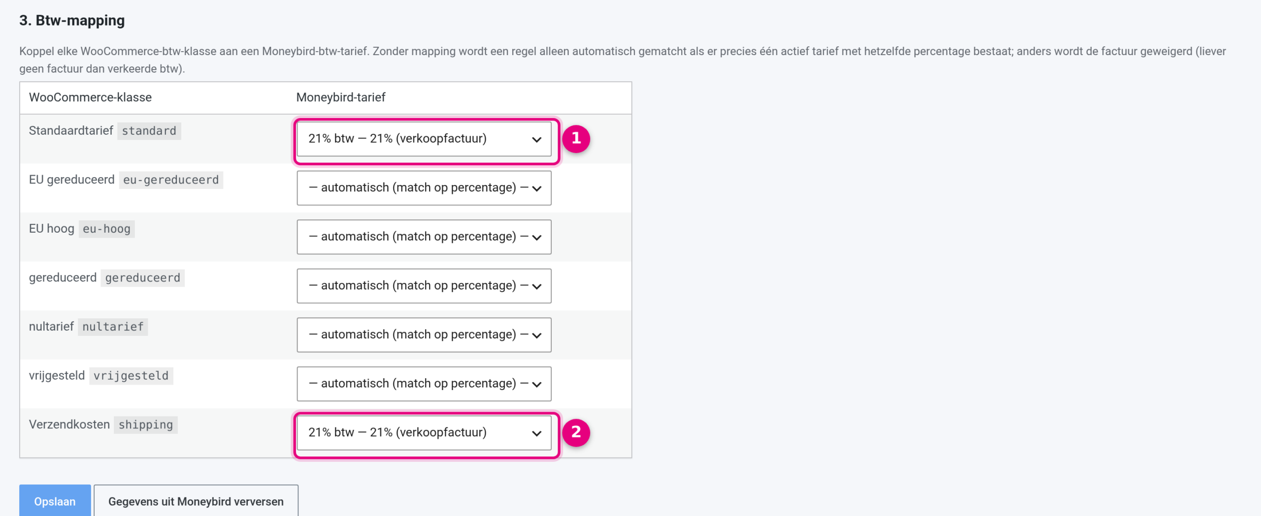 Btw-mapping van WooCommerce-klassen naar Moneybird-tarieven