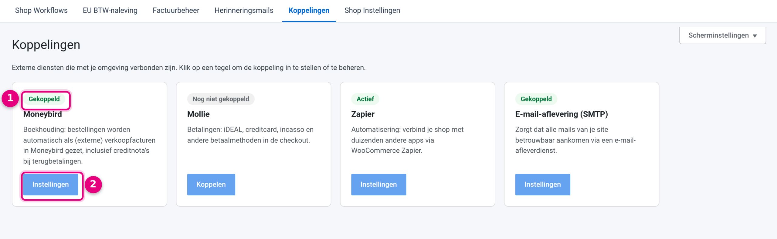 Koppelingen-overzicht met de Moneybird-tegel
