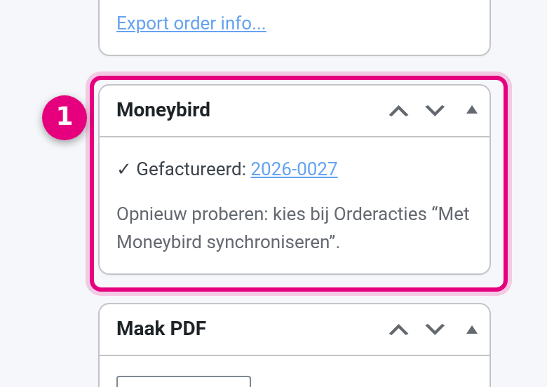 Moneybird-paneel op de bestelling met factuurnummer