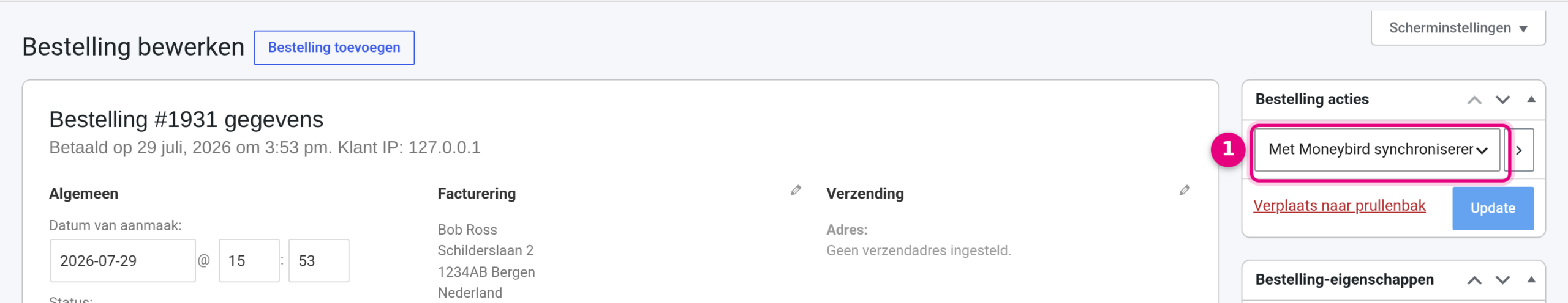Bestelactie Met Moneybird synchroniseren