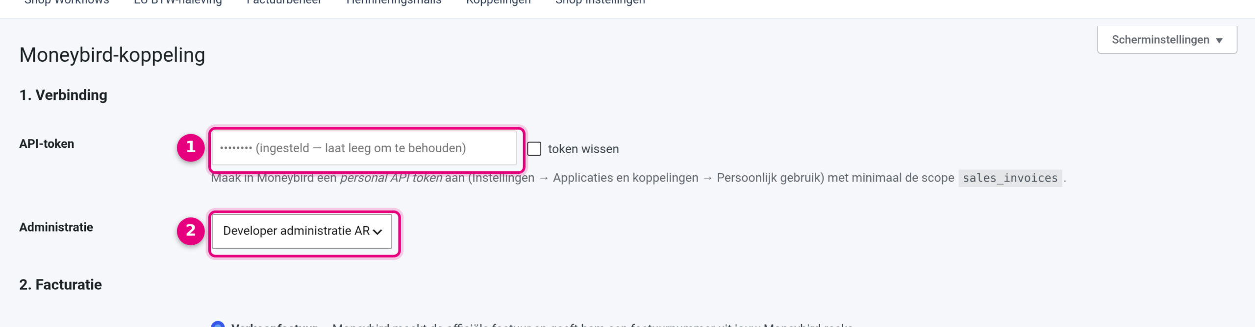 Moneybird-instellingen met API-token en administratie