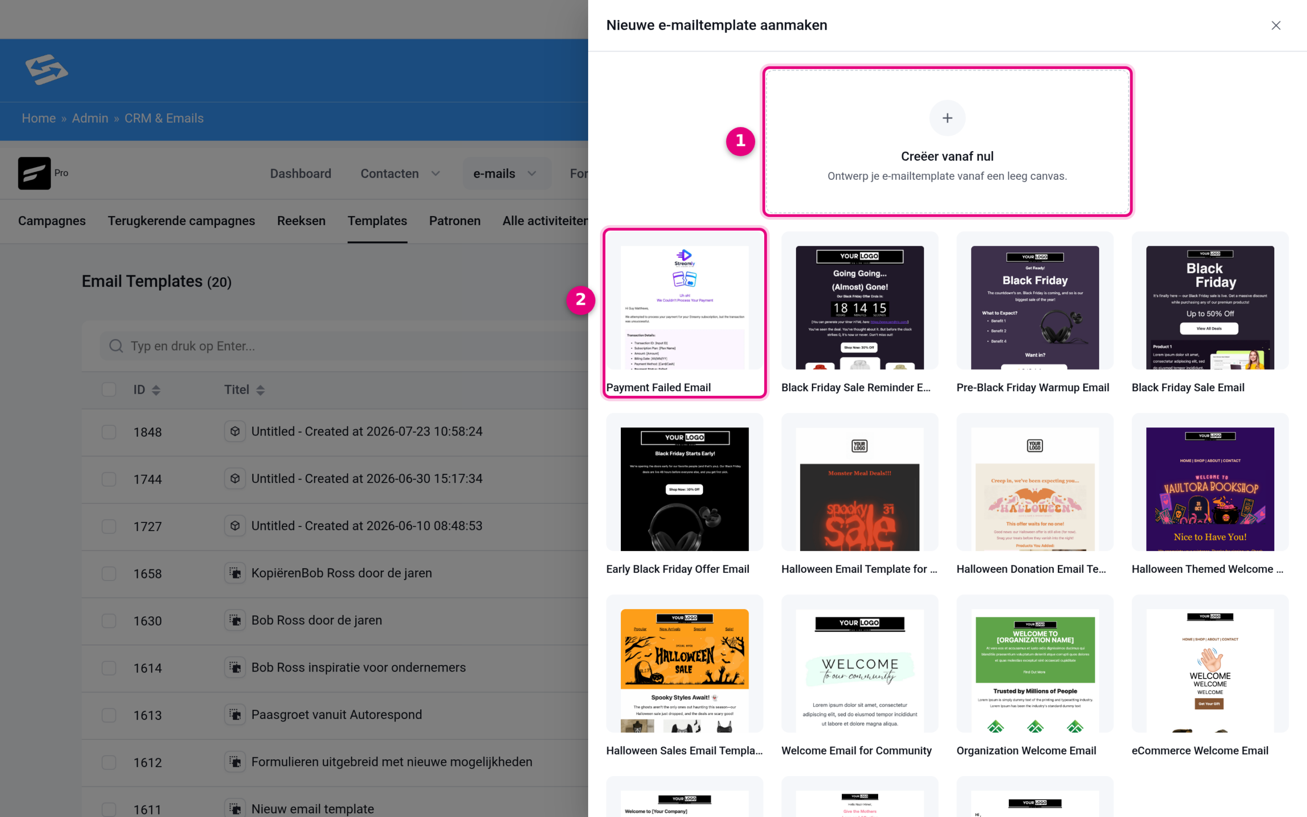 Het paneel Nieuwe e-mailtemplate aanmaken met de optie Creëer vanaf nul en een galerij met kant-en-klare templates