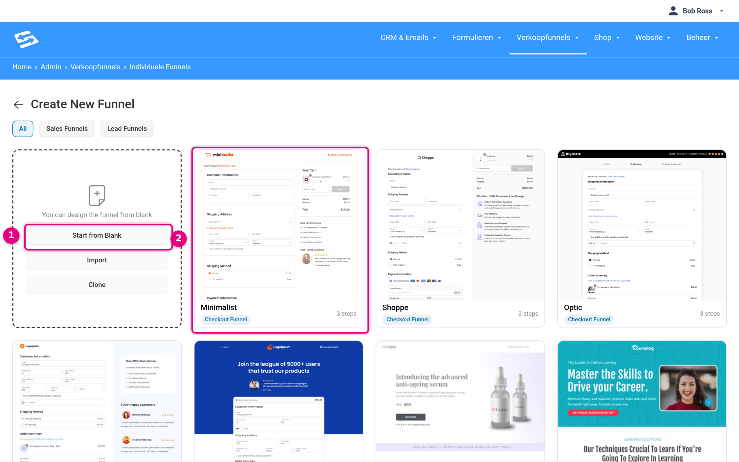Create New Funnel scherm met Start from Blank en kant-en-klare funnel-templates