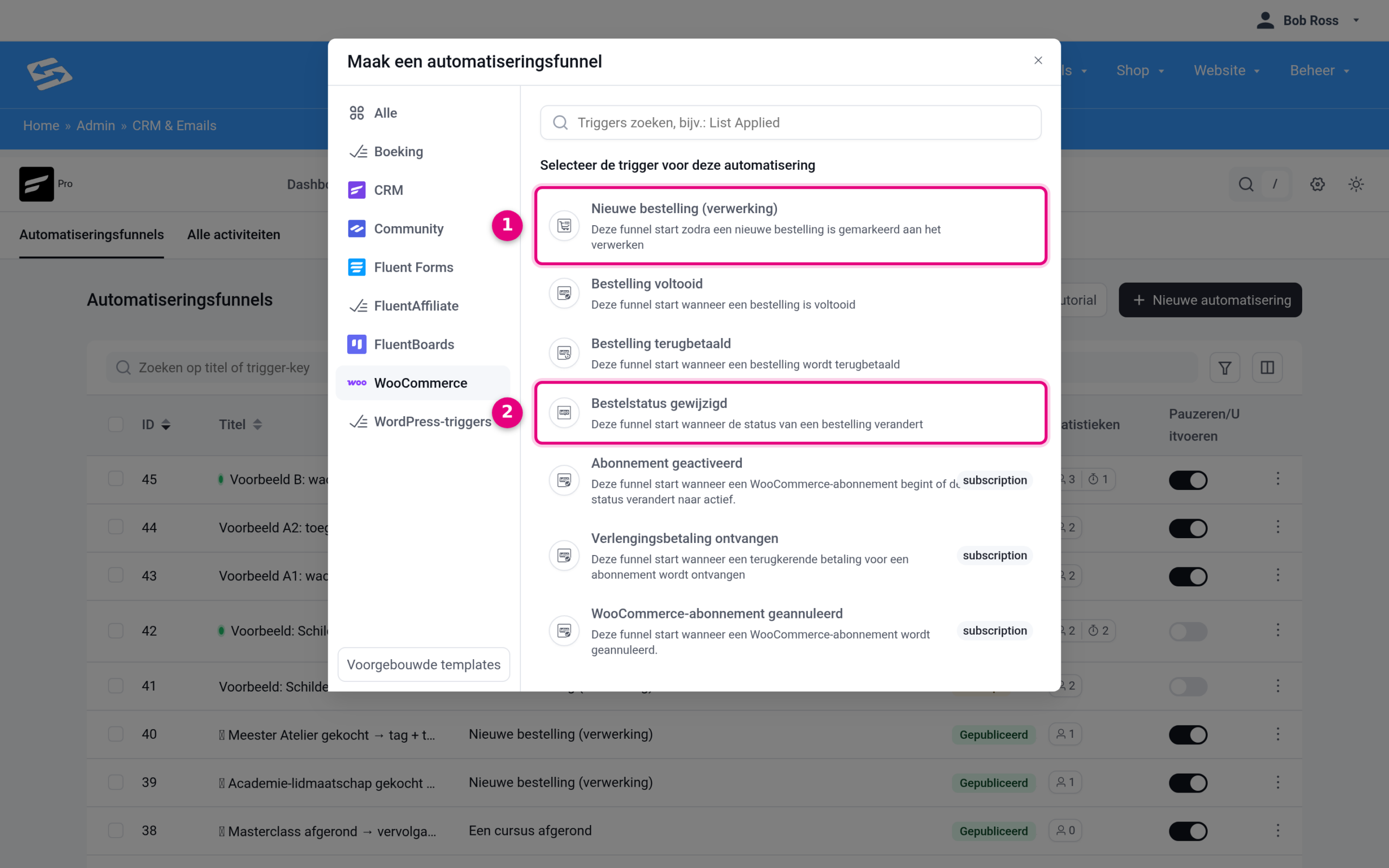 De trigger-keuze bij een nieuwe automatisering, categorie WooCommerce.