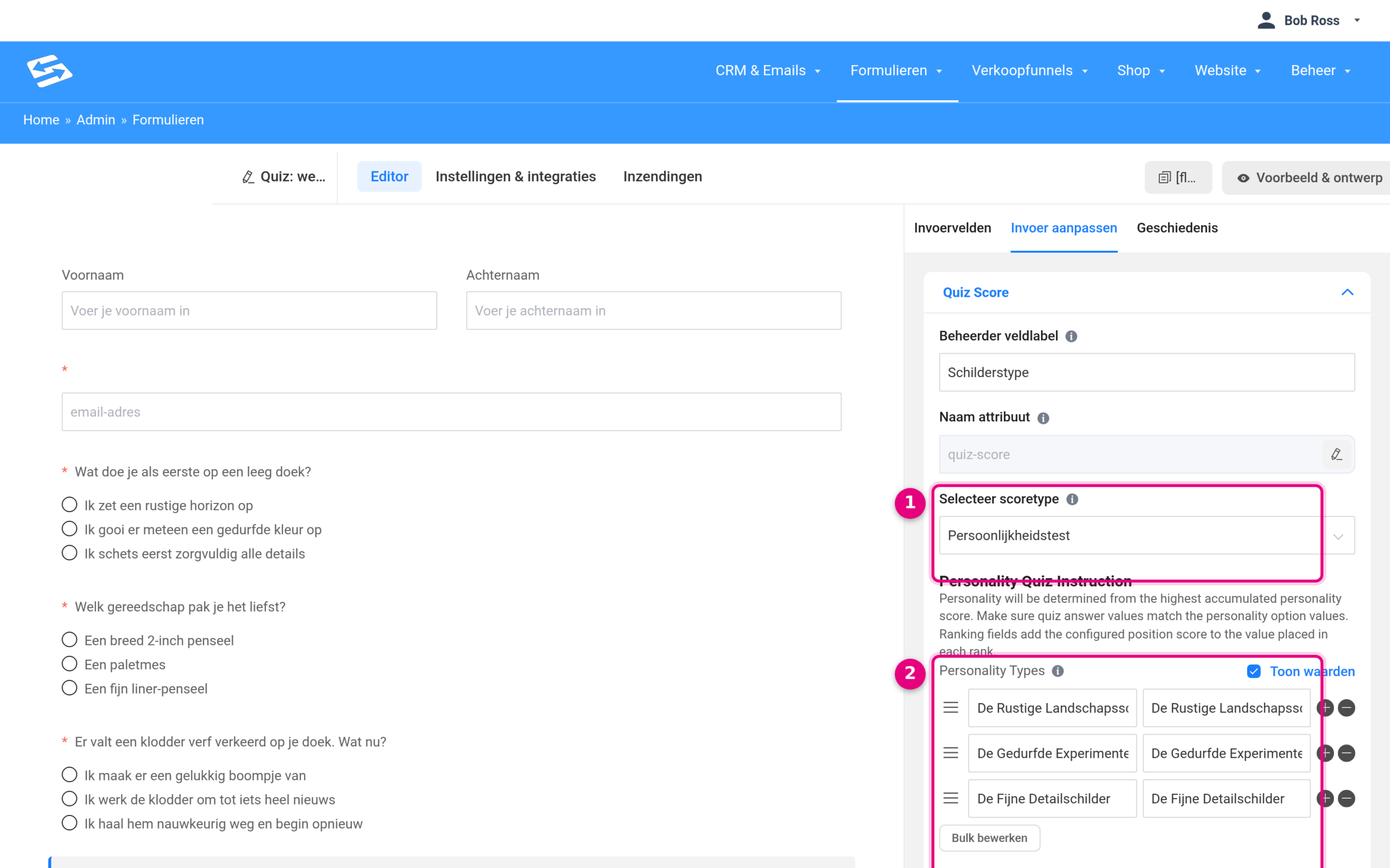 Quiz Score veld met scoretype Persoonlijkheidstest