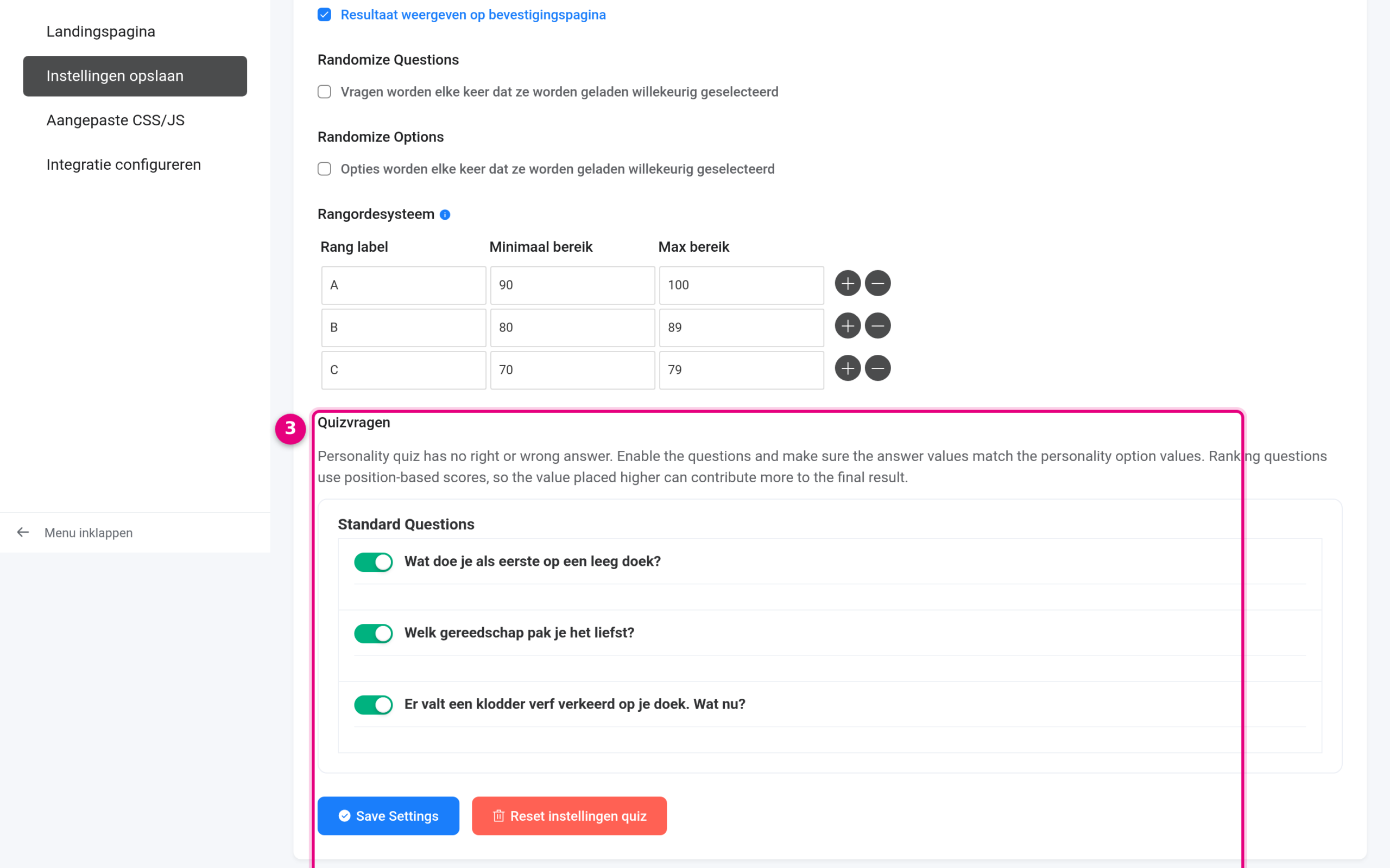 Quizvragen aanzetten in de Quiz instellingen