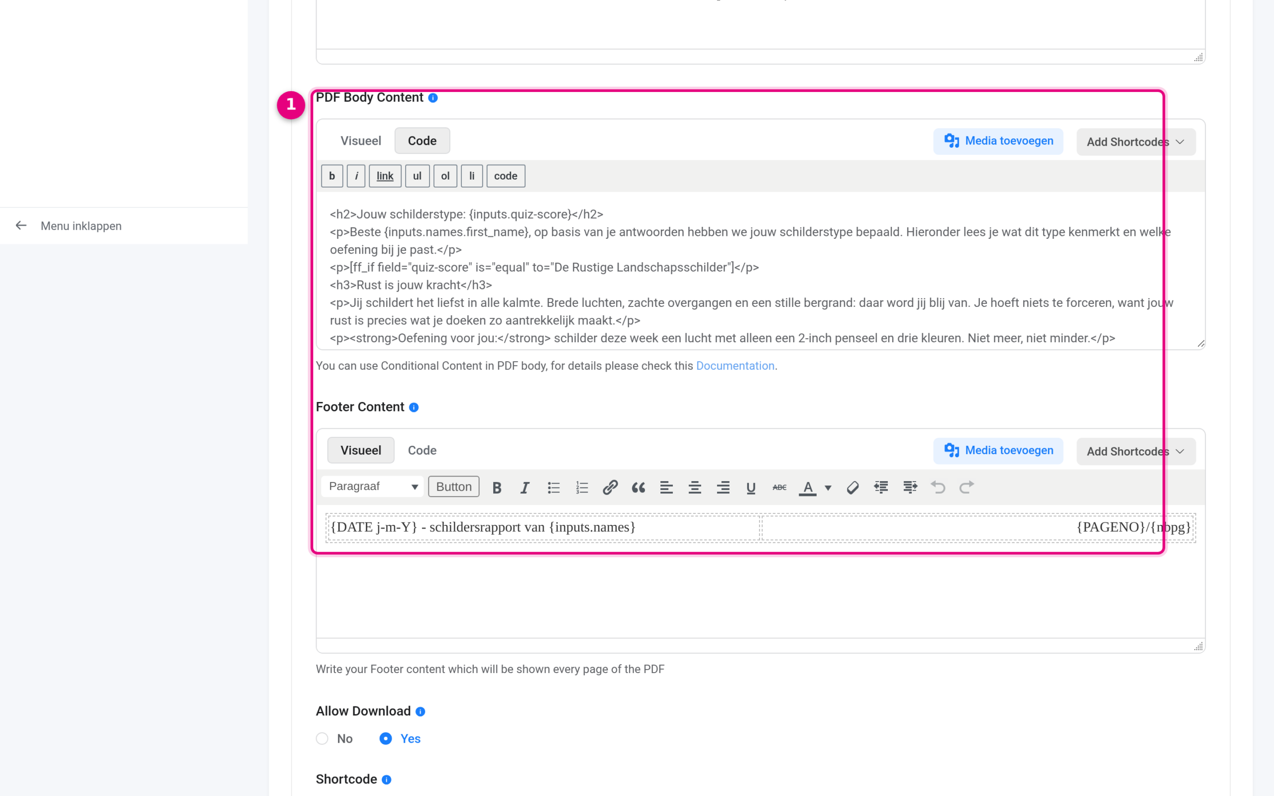 PDF Body Content met quiz-shortcodes en voorwaardelijke blokken