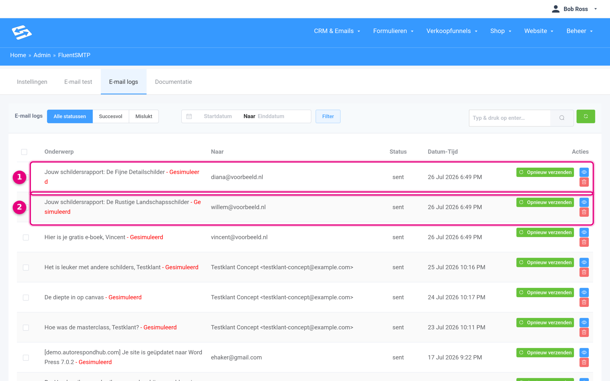 E-maillog met twee verschillende quiz-uitkomsten in het onderwerp