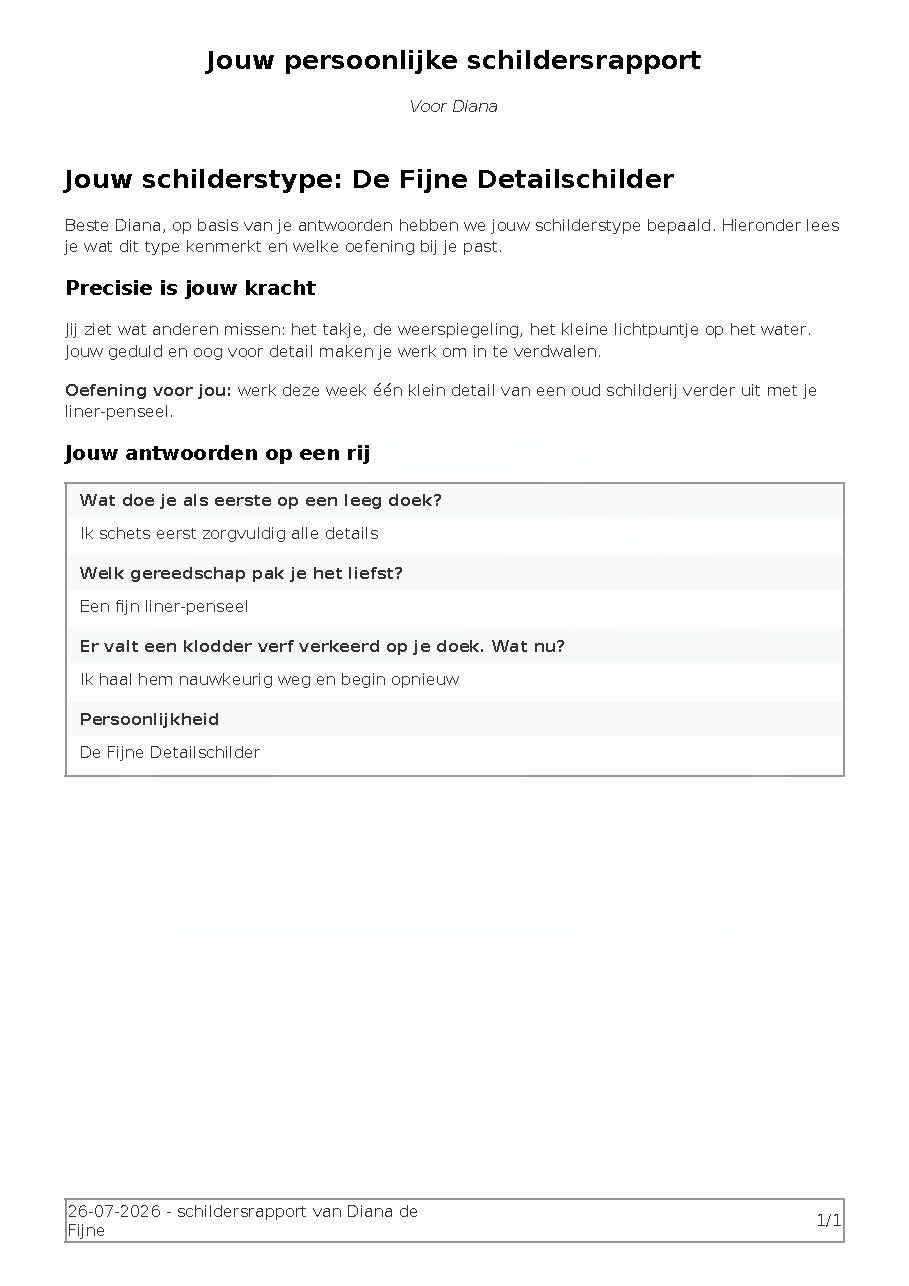 PDF-rapport met uitkomst De Fijne Detailschilder