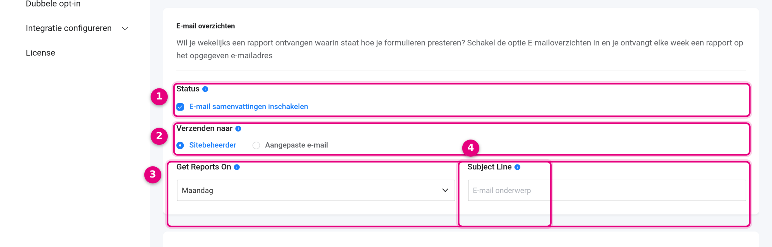 De sectie E-mail overzichten in de formulierinstellingen