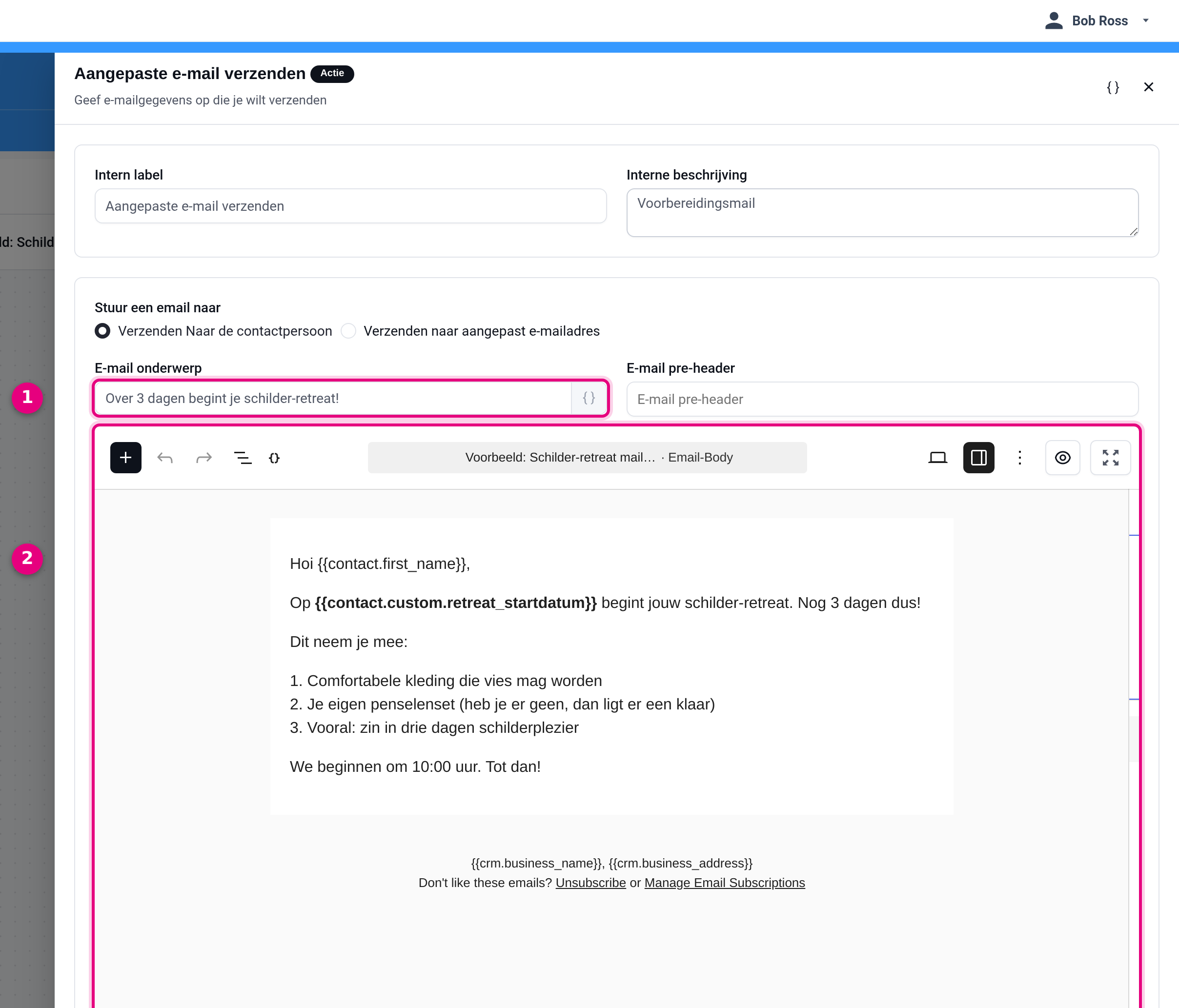E-mailstap met samenvoegcode voor de startdatum in de tekst
