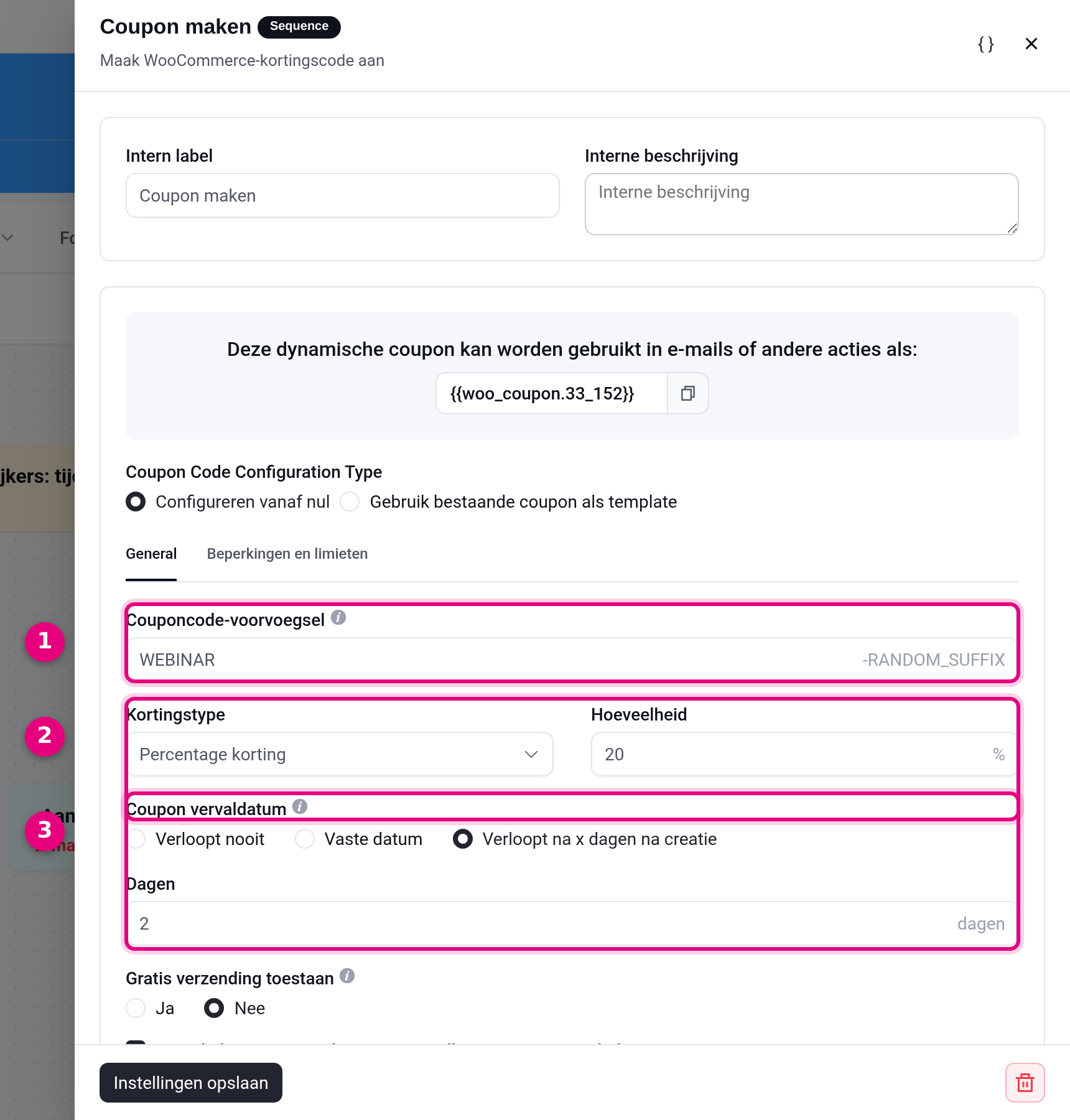 Instellingen van de actie Coupon maken met vervaldatum 2 dagen na creatie