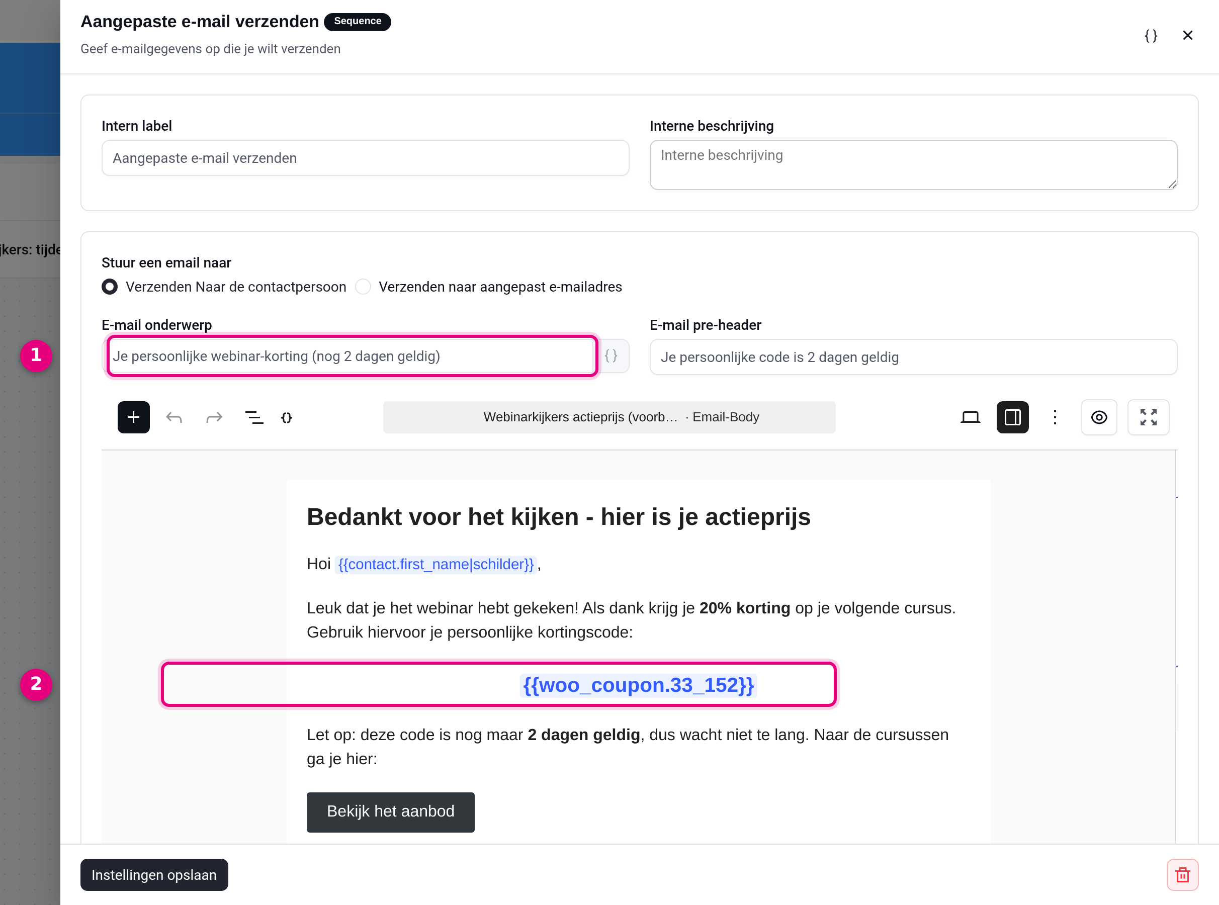 Mailstap met de coupon-smartcode in de e-mailtekst