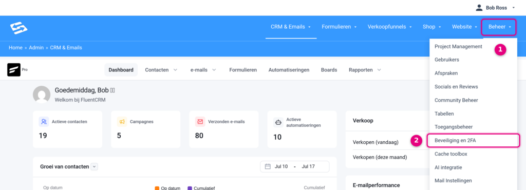 Het menu Beheer geopend met daarin het onderdeel Beveiliging en 2FA