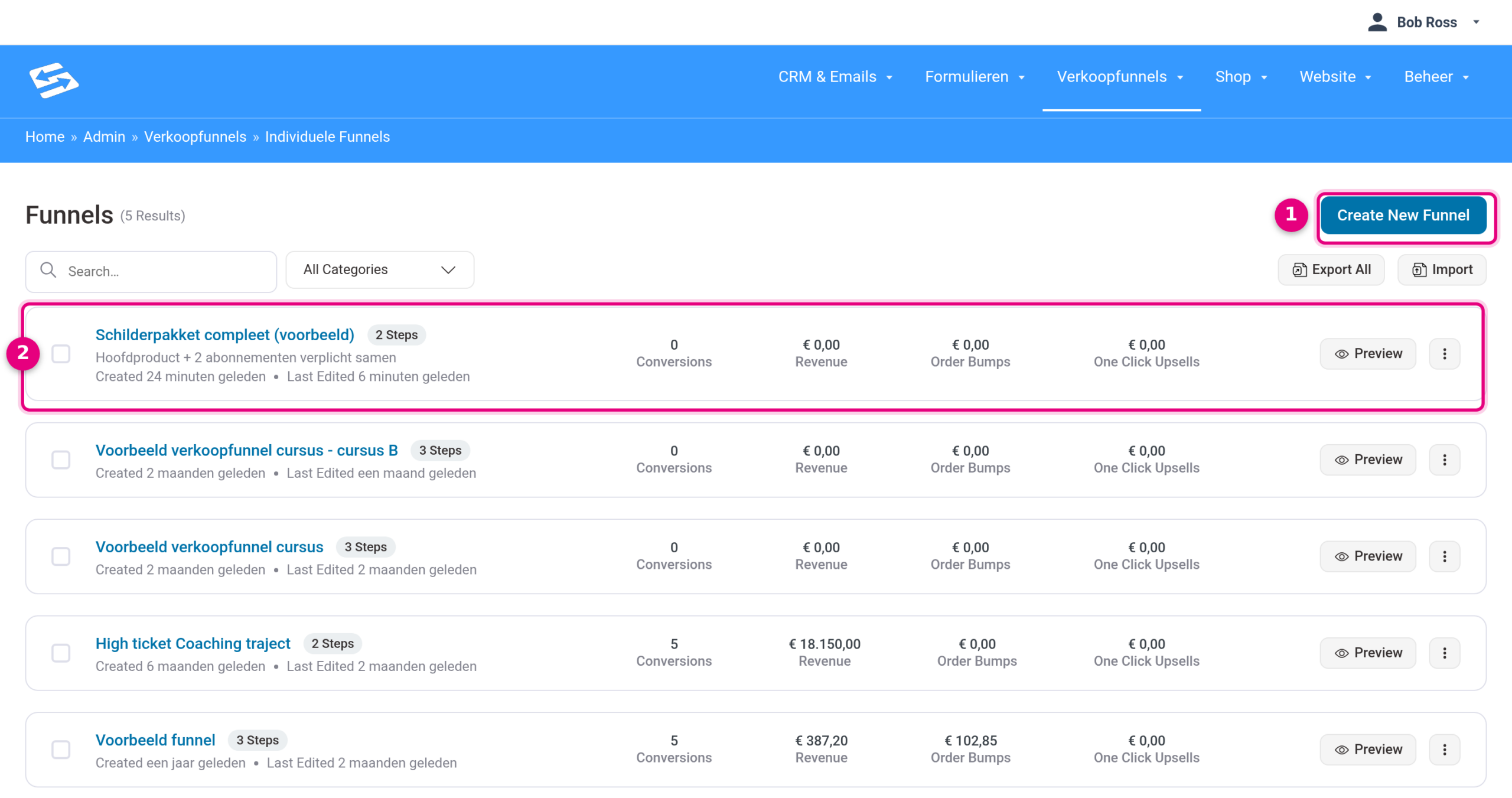 Funnels-overzicht met de knop Create New Funnel en een voorbeeldfunnel
