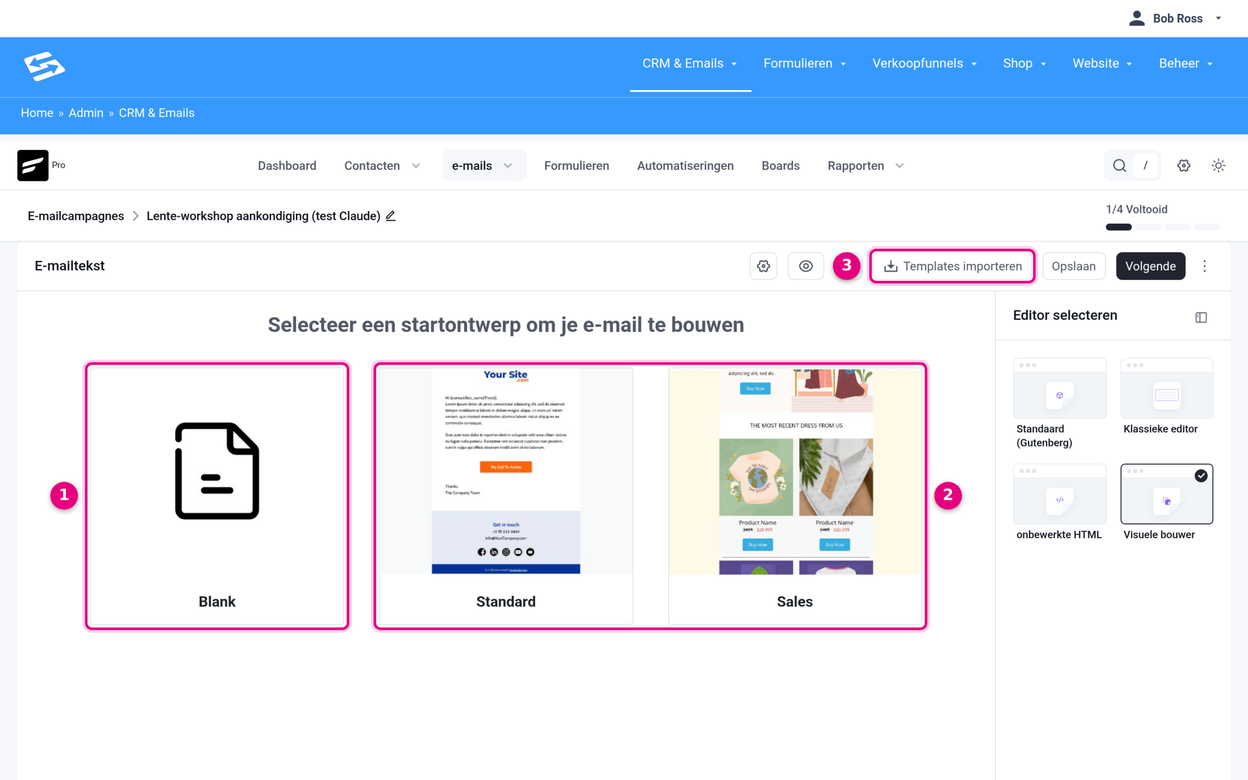 Het startscherm van de Visuele bouwer met de startontwerpen Blank, Standard en Sales en de knop Templates importeren